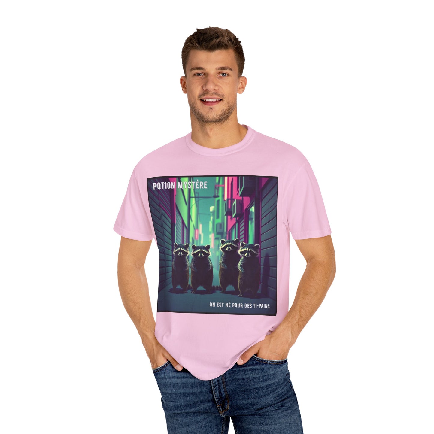 'On Est Né Pour Des Ti Pains' par Potion Mystère, Racoons Graphic Tee for Nature Lovers, Unisex Shirt for Pop Punk Song, Gift for Gamers, Casual Wear, Eco-Friendly Apparel