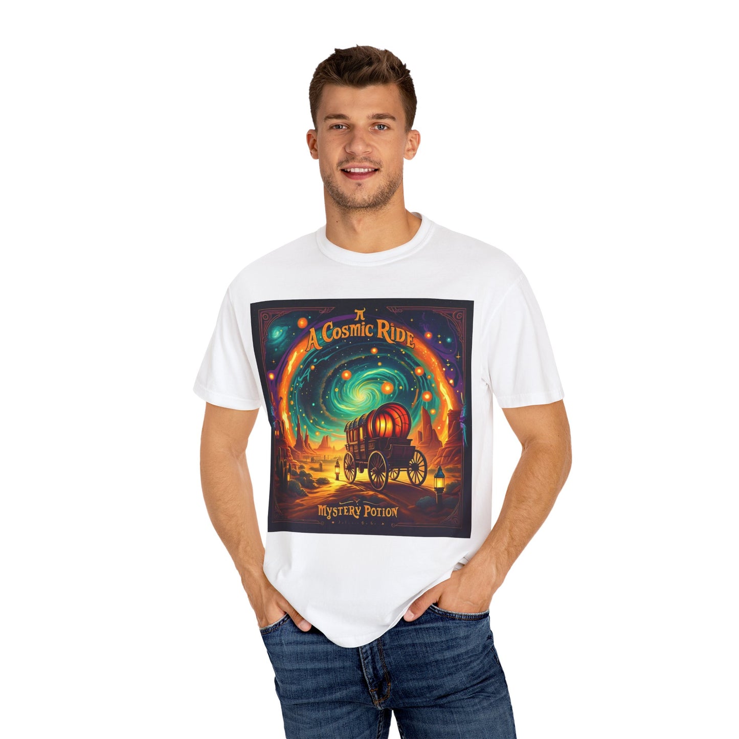 A Cosmic Ride by Mystery Potion T-Shirt, Unisex Graphic Tee, Country Western Festival Wear, Bohemian Style, Gift for Dreamers, Mystical Art Shirt