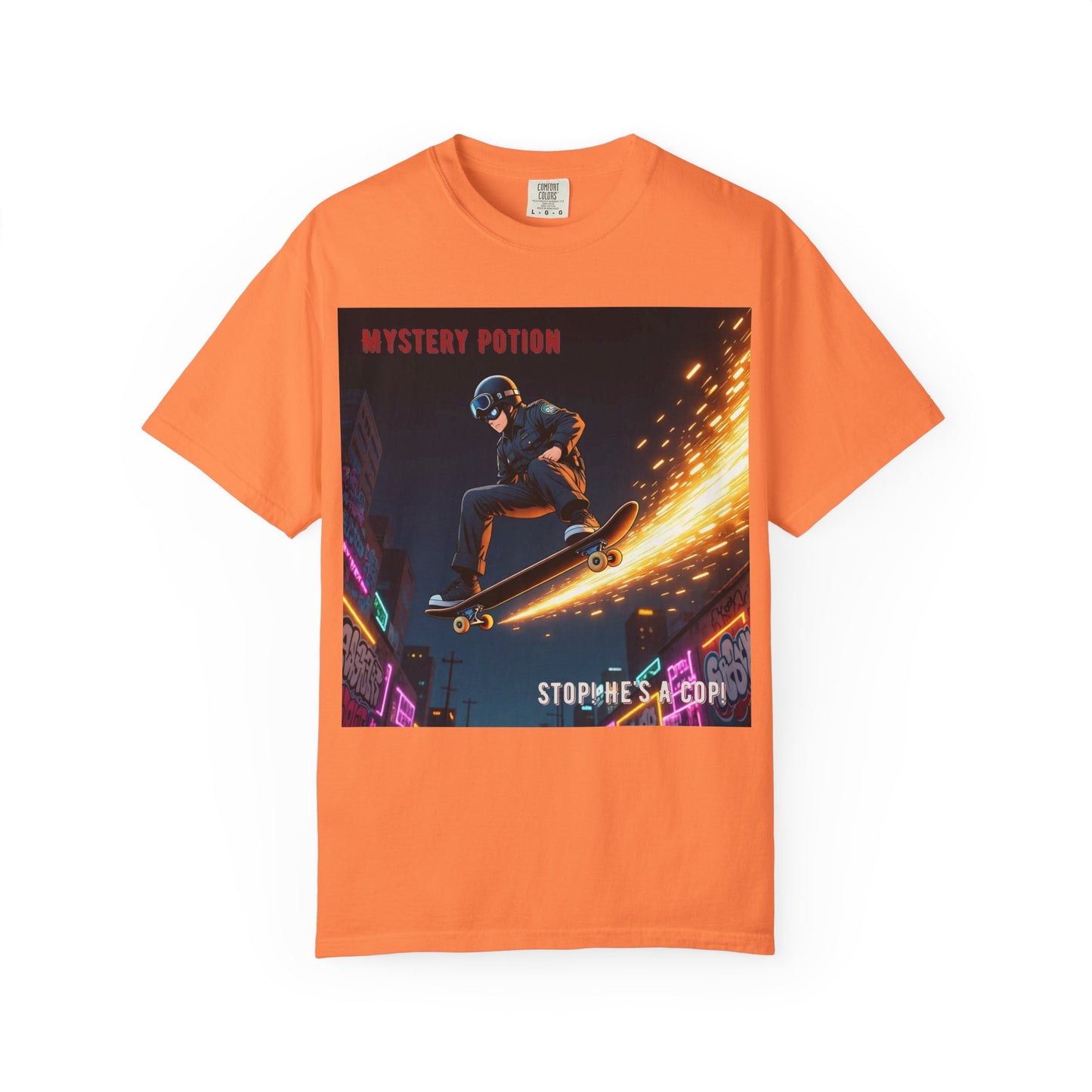 'Stop! He's A Cop!' by Mystery Potion, Skateboard Hardcore Punk T-shirt, Cozy Graphic Tee, Perfect Gift for Skaters, Unisex Streetwear Shirt, Trendy Casual Wear