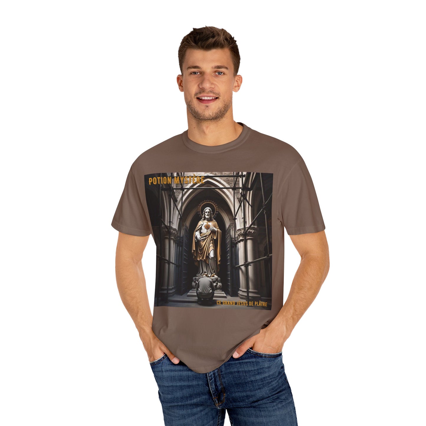 Mystical Potion Jesus Statue T-Shirt - Unisex, Relaxed Fit, Perfect for Festivals, Gifts, Everyday Wear, Unique Art Design