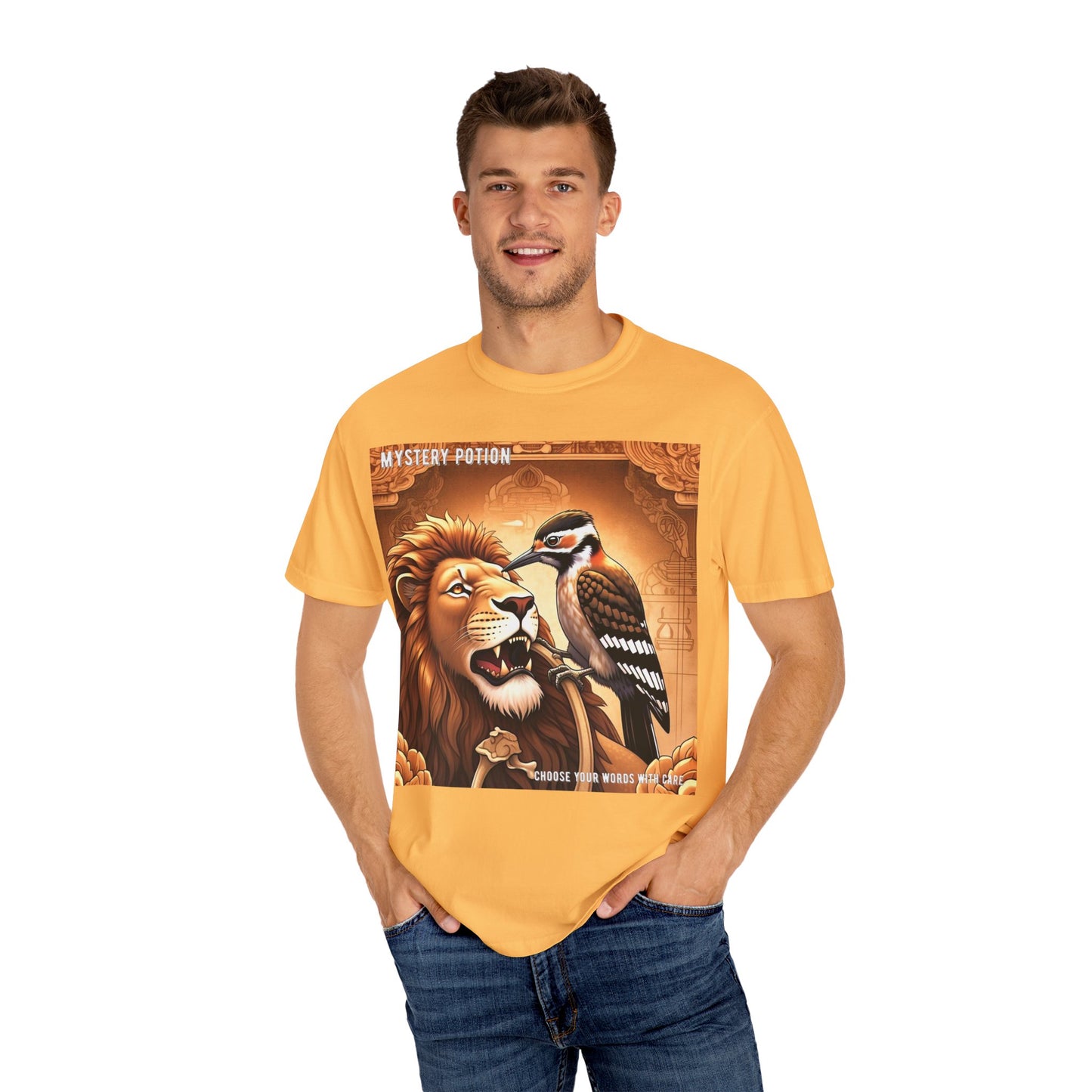 Mystical Lion & Bird T-Shirt | Unique Graphic Tee, Unisex Apparel, Gift for Nature Lovers, Bohemian Style, Festival Wear