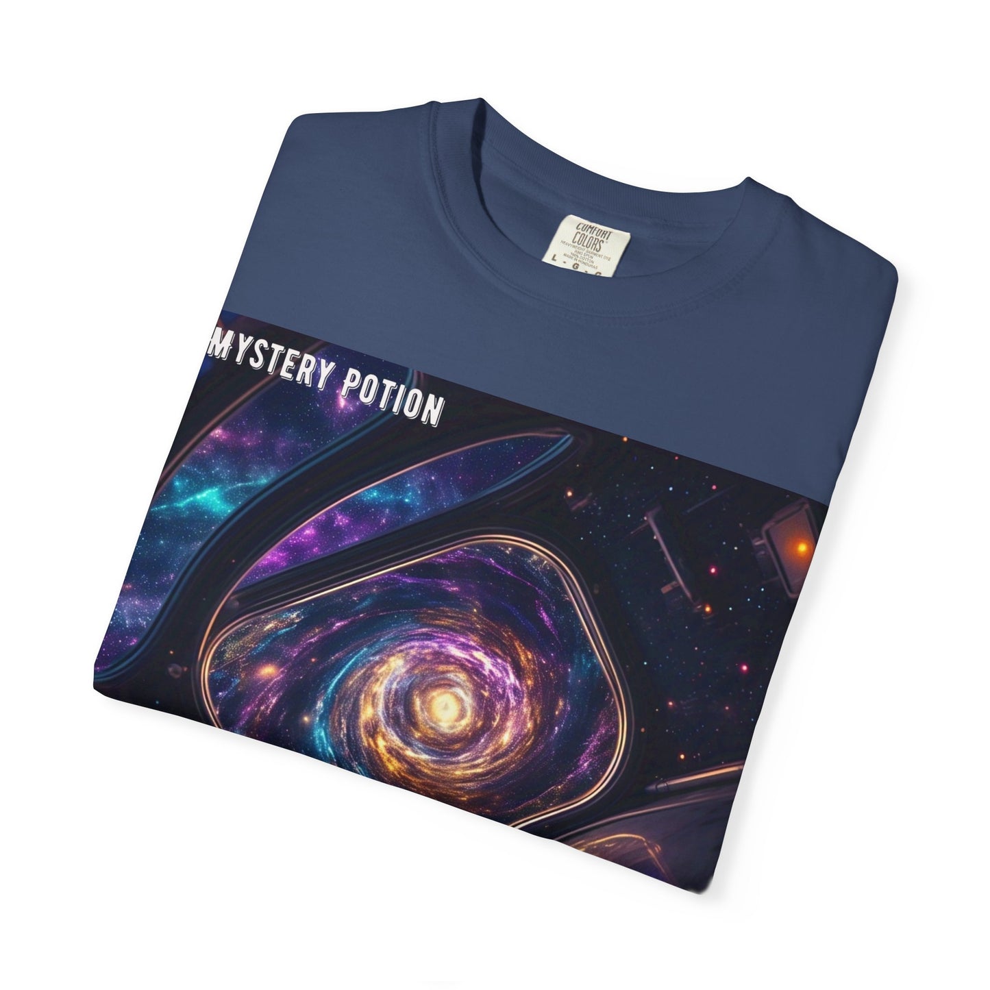 Cosmic Themed Mystery Potion Unisex Garment-Dyed T-shirt, Mystical Tee, Galaxy Shirt, Space Art Apparel, Unique Gift for Event Horizon Stargazers