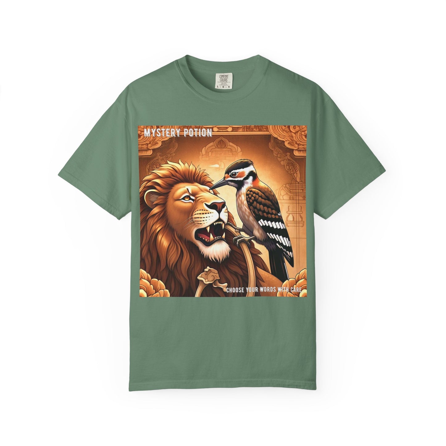 Mystical Lion & Bird T-Shirt | Unique Graphic Tee, Unisex Apparel, Gift for Nature Lovers, Bohemian Style, Festival Wear