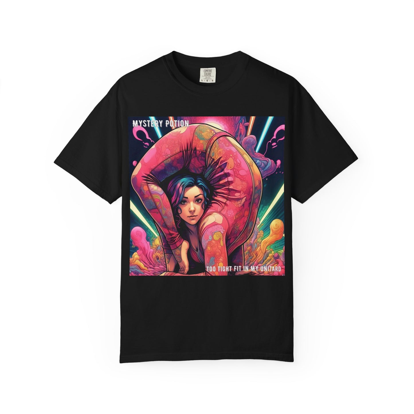 Mystery Potion Extreme Yoga Pose Unisex Garment-Dyed T-shirt, Artistic Tee, Vibrant Graphic Shirt, Unique Gift, Festival Wear, Comfortable Casual Top
