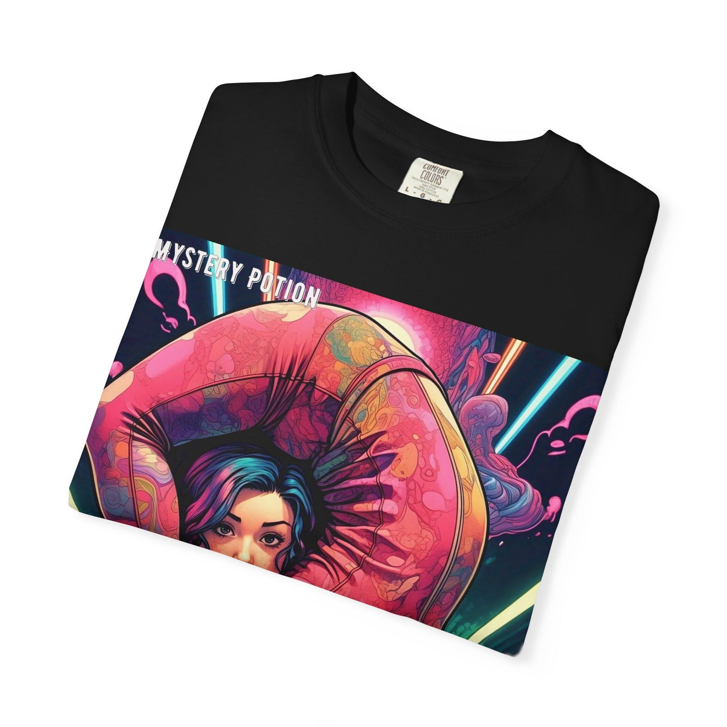 Mystery Potion Extreme Yoga Pose Unisex Garment-Dyed T-shirt, Artistic Tee, Vibrant Graphic Shirt, Unique Gift, Festival Wear, Comfortable Casual Top