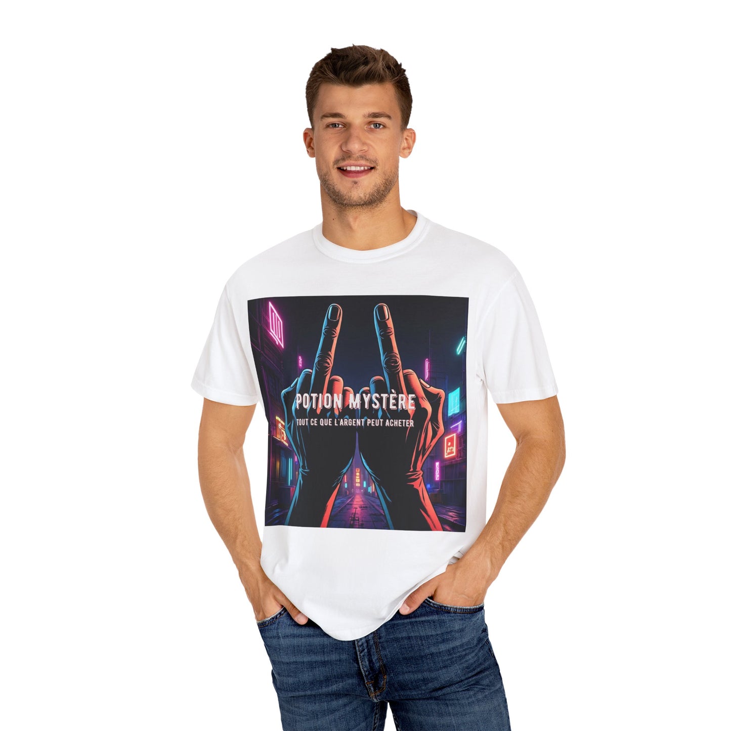 'Tout Ce Que L'Argent Peut Acheter' par Potion Mystère, Two Fingers Up Unisex T-Shirt with Artistic Graphic Design, Casual Wear, Streetwear Style, Gift for Art Lovers, Unique Graphic Tee, [...]