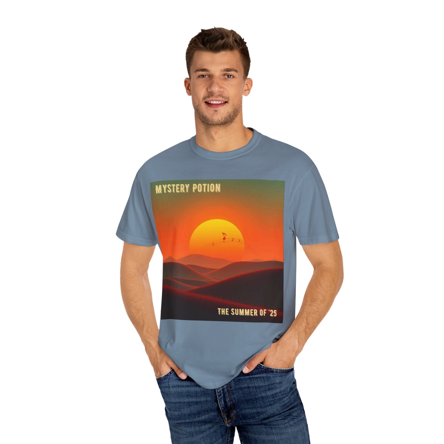 'The Summer of '25'  by Mystery Potion, Mystical Sunset T-Shirt - Unisex Garment-Dyed Tee, Retro Vibe, Bohemian Style, Summer Essential Swag