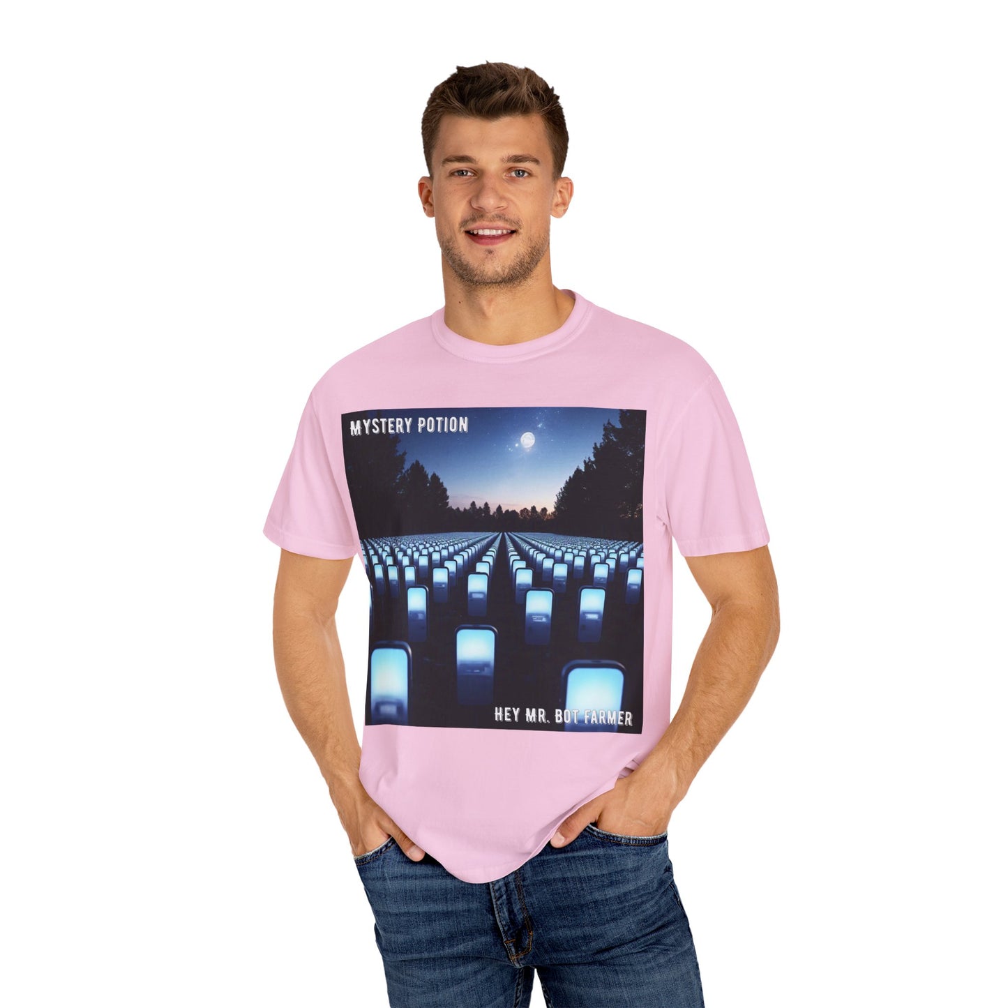 Mystery Potion "Hey Mr. Bot Farmer" Graphic T-Shirt, Unisex Vintage Tee, Perfect for Music Festivals, Casual Wear, Gifts for Him/Her