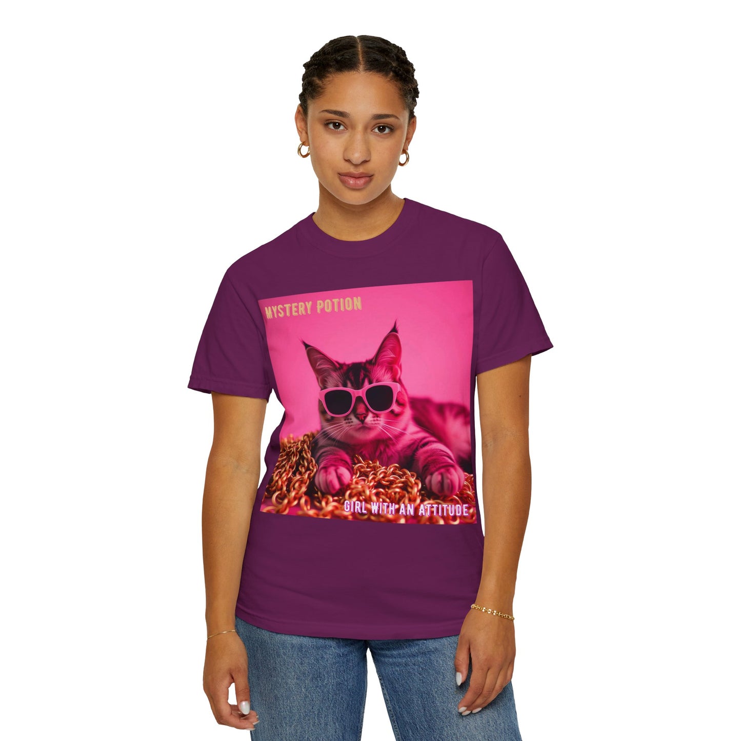 'Girl With An Attitude' by Mystery Potion, Cool Cat T-shirt, Fun Cat Tee, Gift for Cat Lovers, Casual Wear, Unique Fashion Statement, Attitude T-shirt