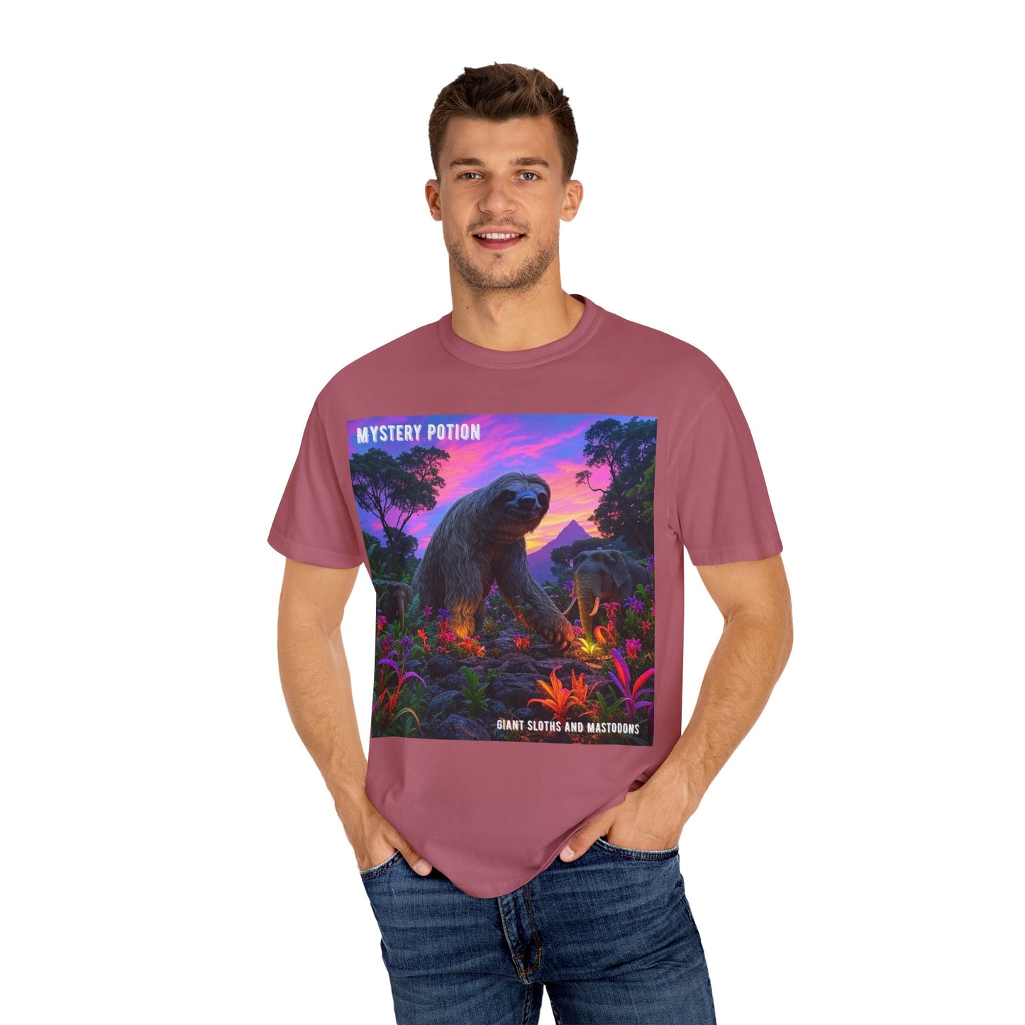 Mystery Potion's Giant Sloths and Mastodons Graphic T-Shirt | Unisex Garment-Dyed Tee for Nature Lovers, Unique Gift, Festival Wear, Prehistoric Design
