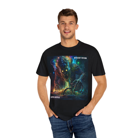 'Eating a Bicycle' by Mystery Potion, Unisex Garment-Dyed T-shirt, Monster Over City