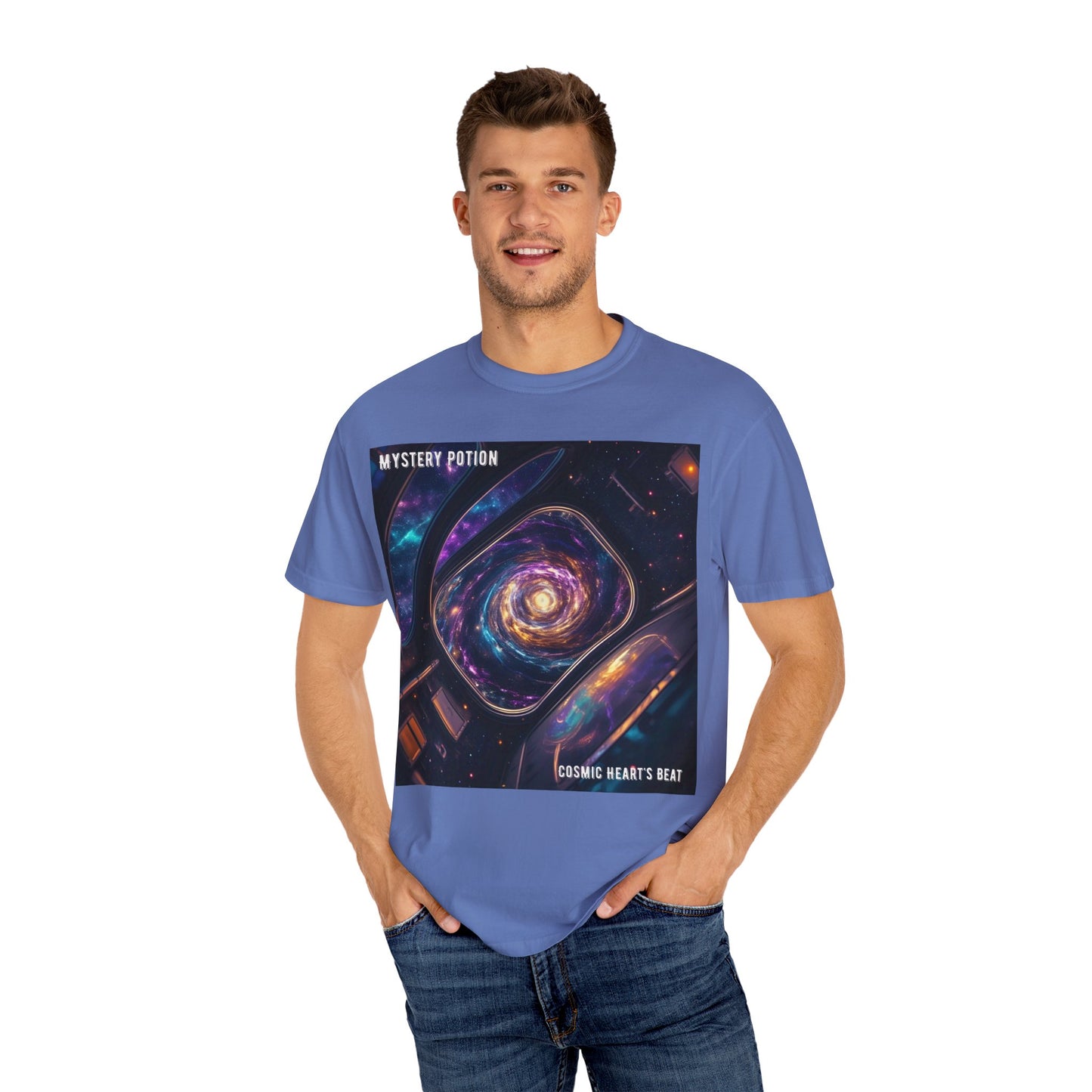 Cosmic Themed Mystery Potion Unisex Garment-Dyed T-shirt, Mystical Tee, Galaxy Shirt, Space Art Apparel, Unique Gift for Event Horizon Stargazers