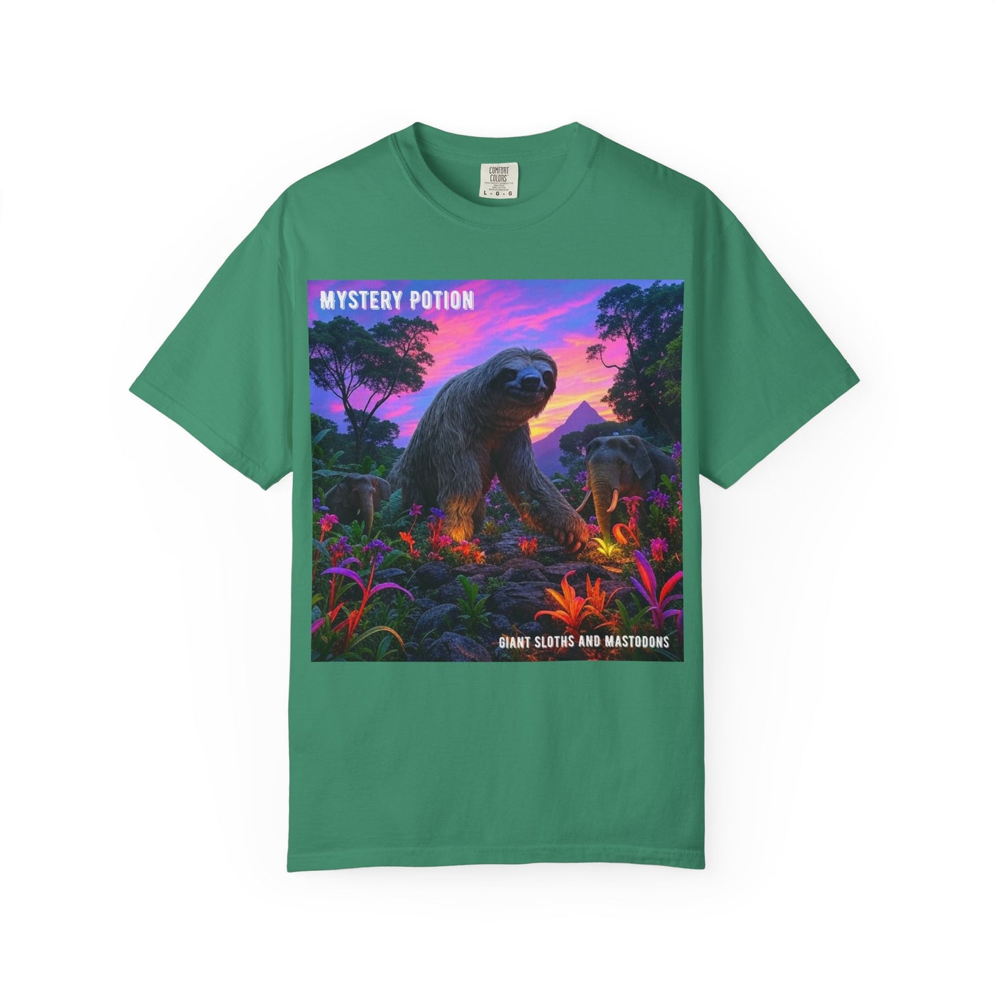 Mystery Potion's Giant Sloths and Mastodons Graphic T-Shirt | Unisex Garment-Dyed Tee for Nature Lovers, Unique Gift, Festival Wear, Prehistoric Design