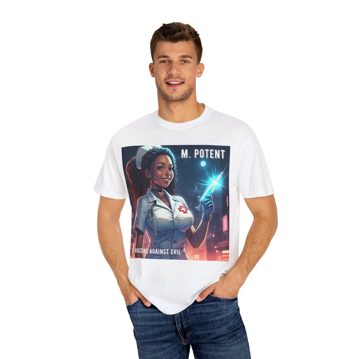 M. Potent's 'A Vaccine Against Evil', Medicine-Themed Unisex T-Shirt, Positive Vibes, Great for Nurses, Vaccination Awareness, Gift for Healthcare Workers