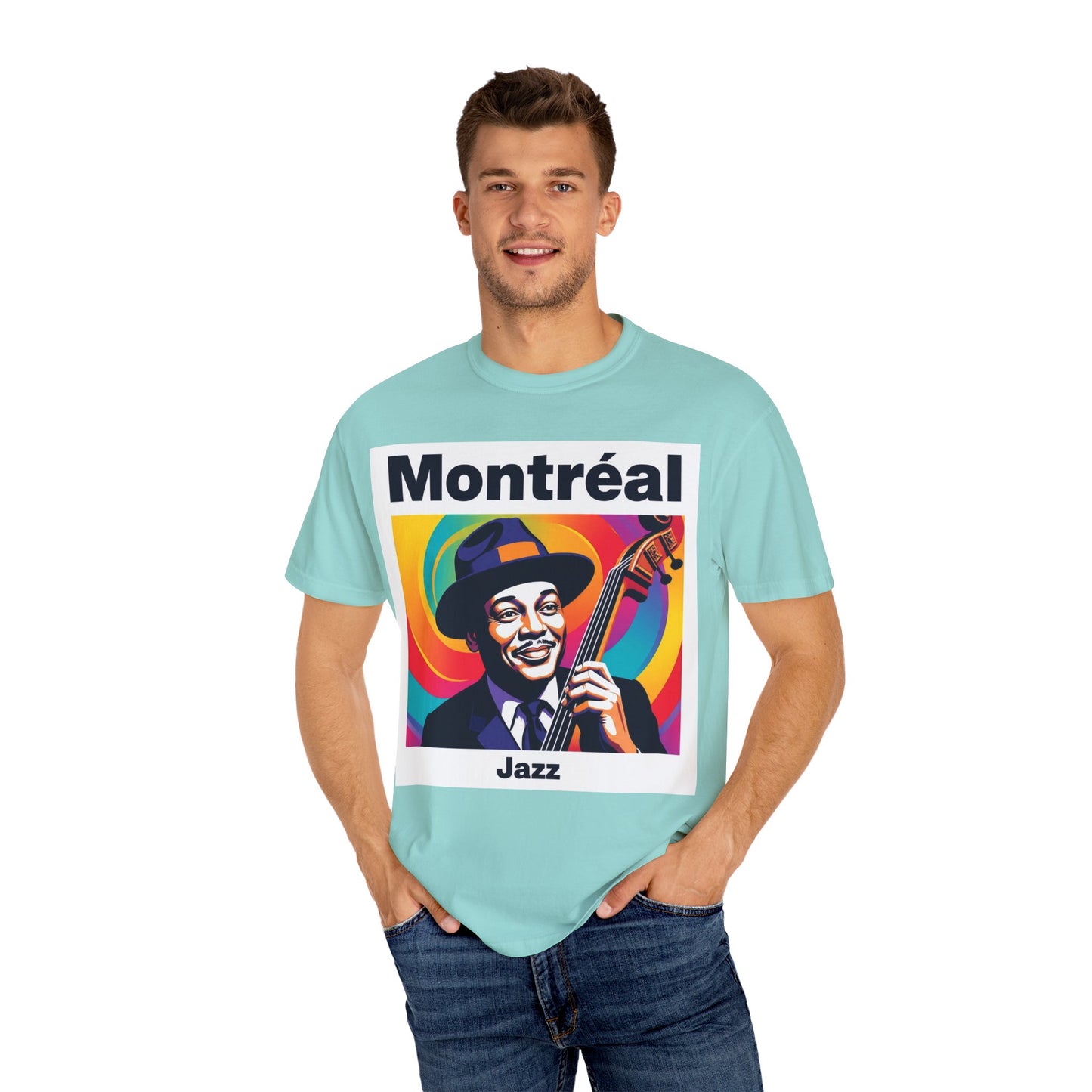 Vibrant Jazz T-Shirt with Montréal Design | Unisex Garment-Dyed Tee for Music Lovers, Concerts, Festivals, Gift Idea, Casual Wear