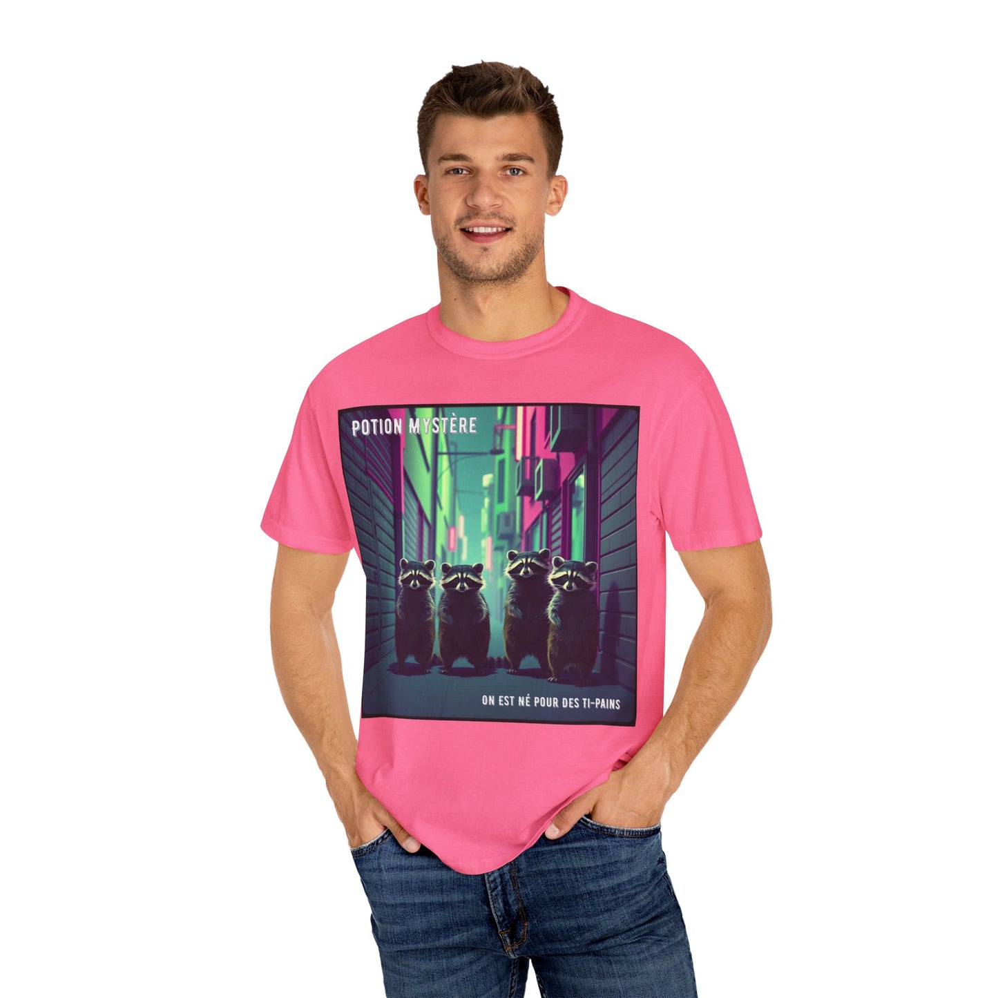'On Est Né Pour Des Ti Pains' par Potion Mystère, Racoons Graphic Tee for Nature Lovers, Unisex Shirt for Pop Punk Song, Gift for Gamers, Casual Wear, Eco-Friendly Apparel