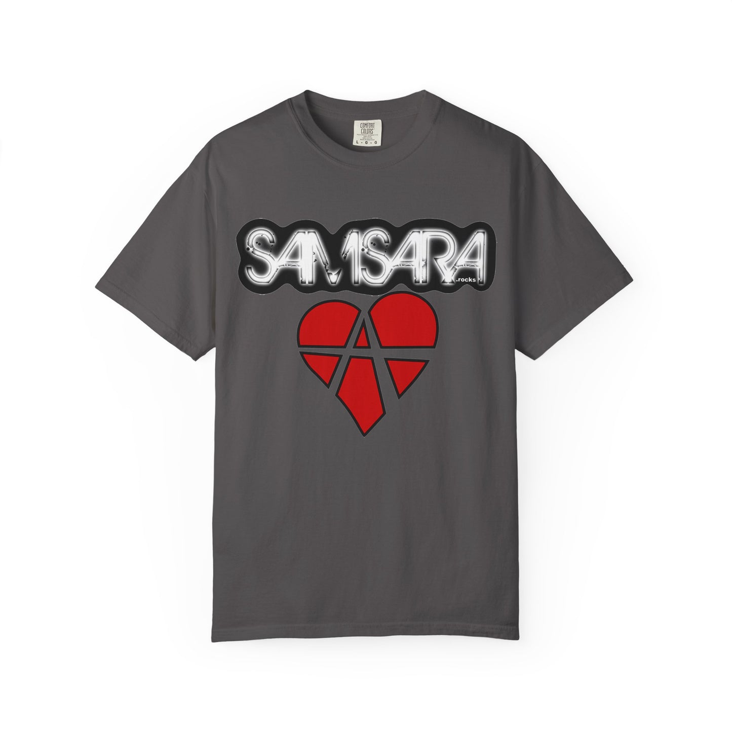 'Samsara Rocks' Logo, Love and Anarchy Graphic Tee | Unisex Garment-Dyed T-Shirt, Casual Fashion, Heart Design, Streetwear, Gift for Him/Her