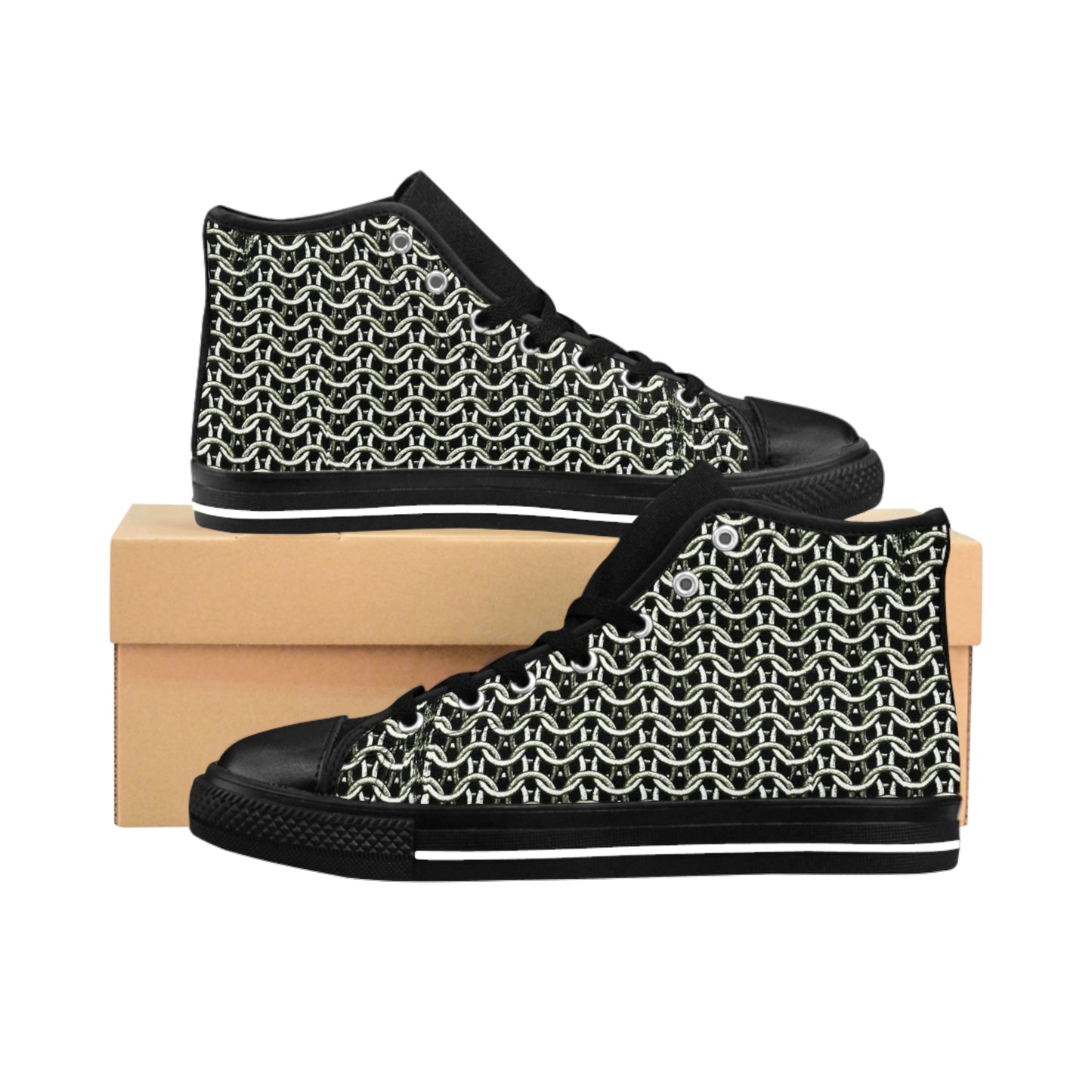 Stylish Men’s Faux Chain Mail High Top Sneakers, Casual Footwear, Trendy Shoes for Everyday Wear, Unique Patterned Sneakers, Gifts for Him