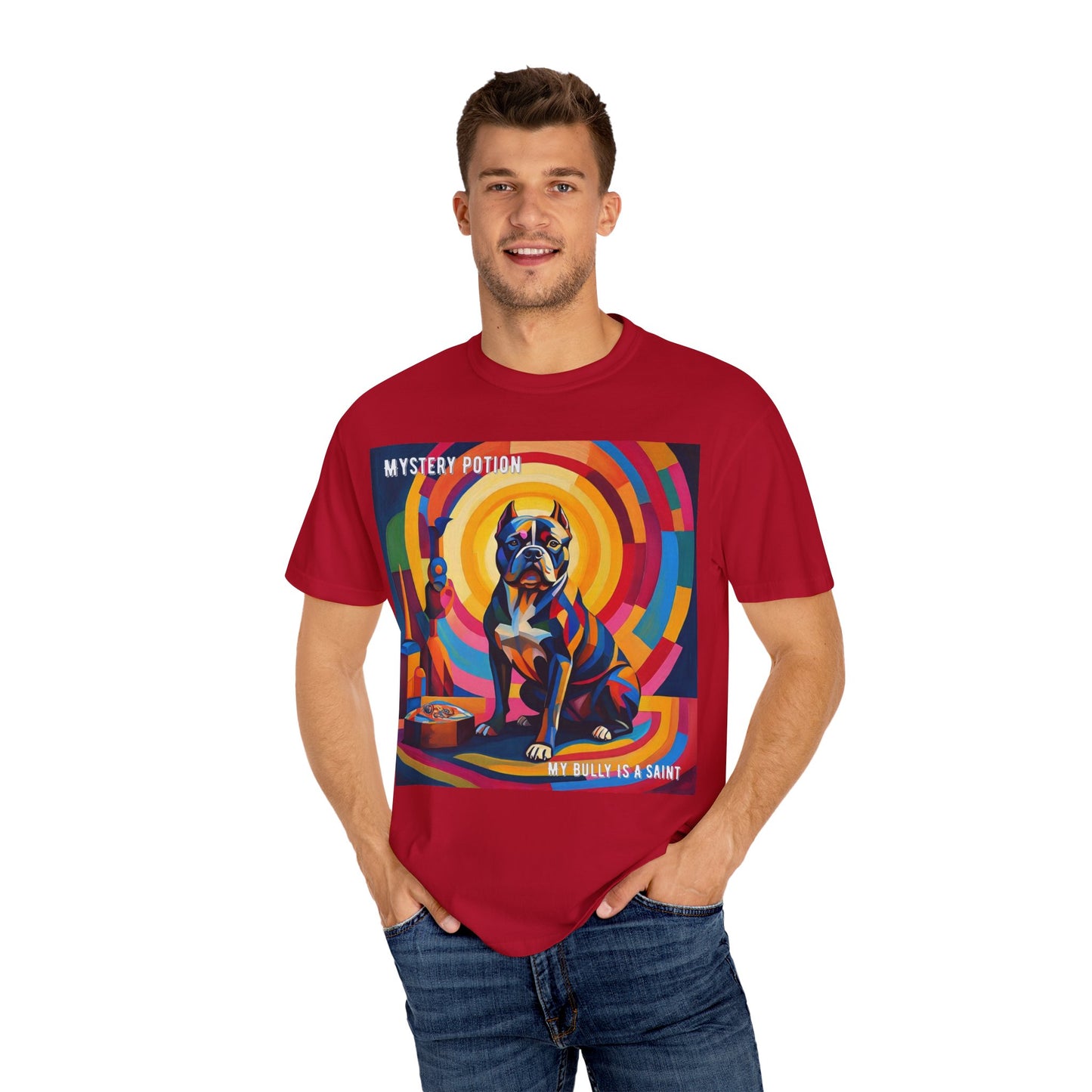 'My Bully Is A Saint' by Mystery Potion Colorful Dog Art T-shirt, Unisex Graphic Tee by Mystery Potion, Perfect for Pet Lovers, Comfy Casual Wear, Great Gift for Dog Lovers