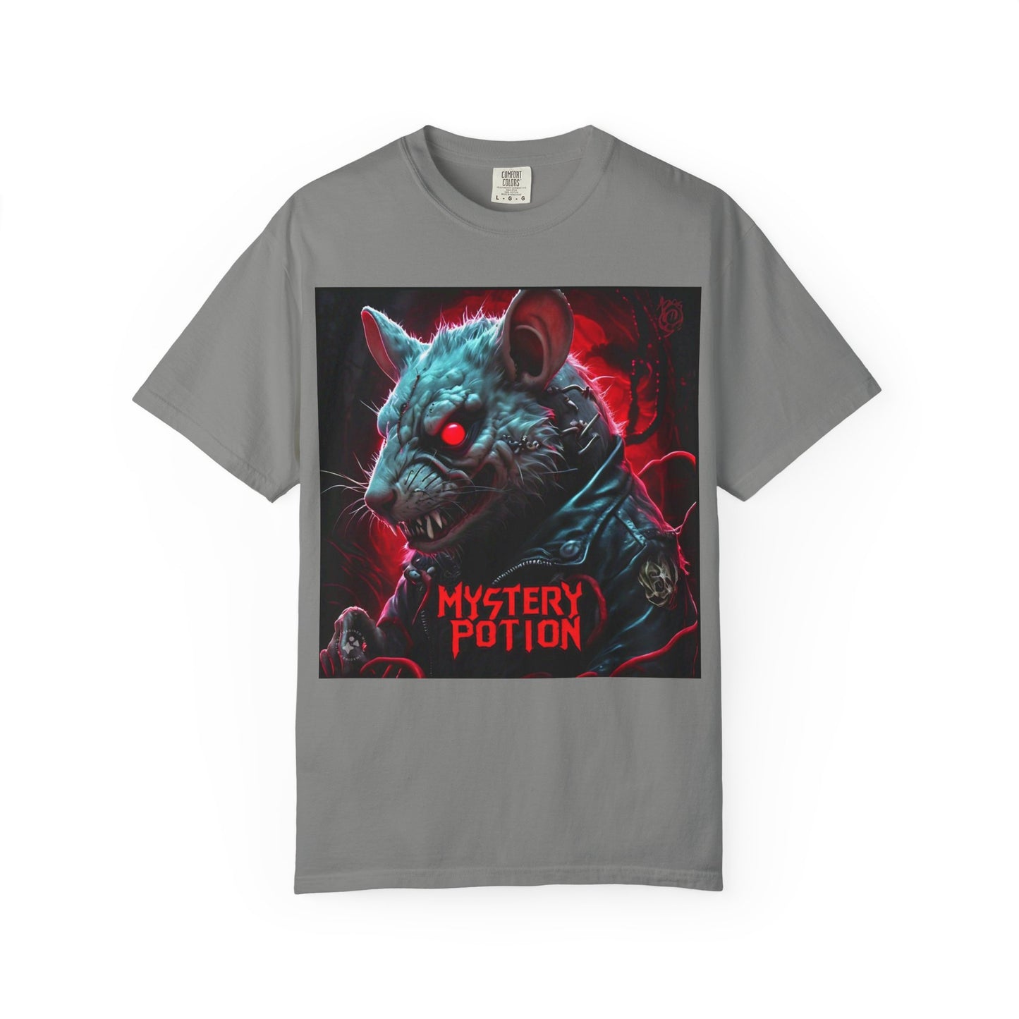 'Mystery Potion' Punk Rock Rat in Leather Jacket T-shirt, Rocker Tee, Original Logo