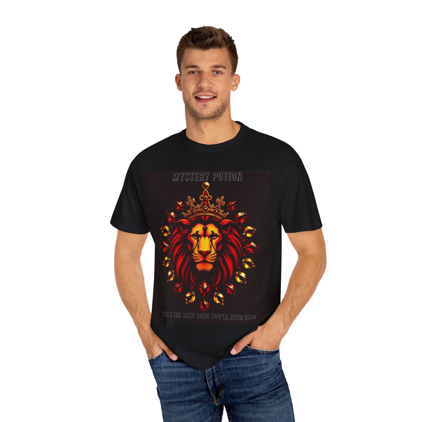 'This Is The Best Song You'll Ever Hear' by Mystery Potion, Bold Graphic Royal Lion T-Shirt, Unisex Tee, Streetwear Style, Gift for Lion Lovers, Perfect for Casual Outings, Unique Clothing