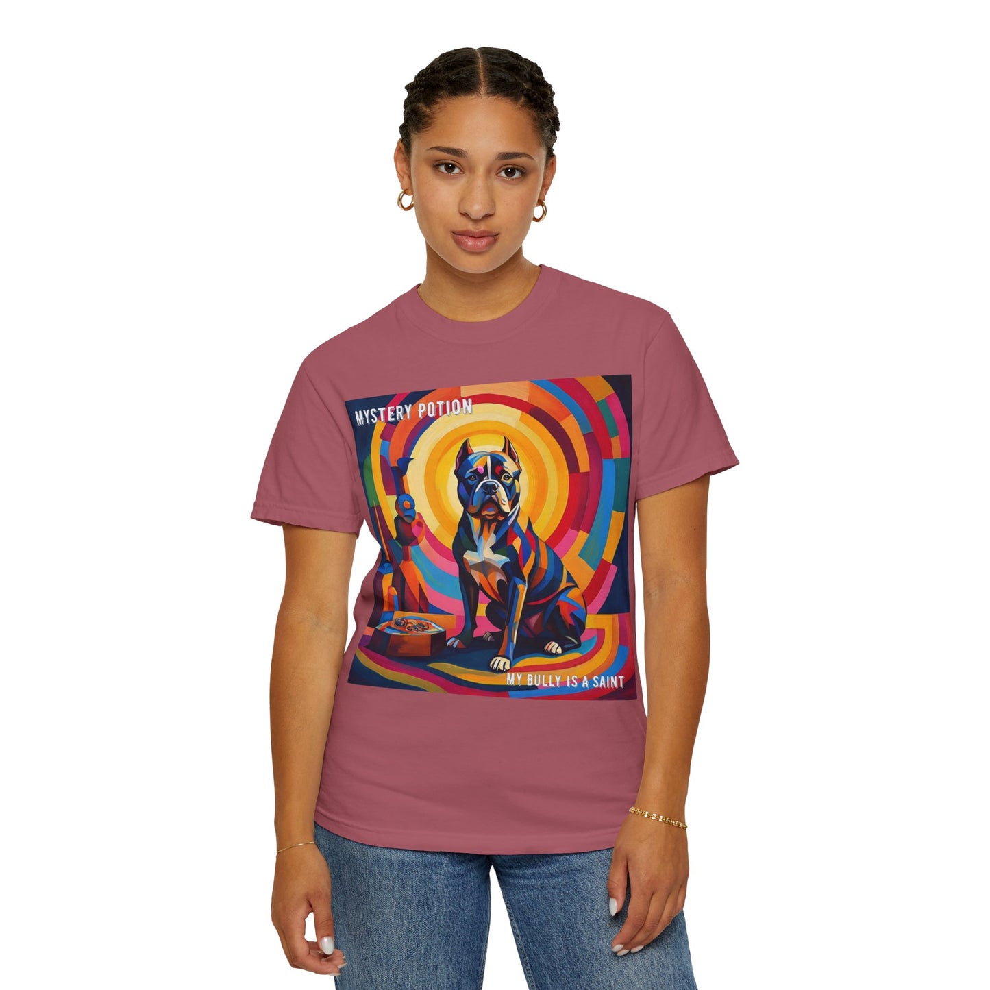 'My Bully Is A Saint' by Mystery Potion Colorful Dog Art T-shirt, Unisex Graphic Tee by Mystery Potion, Perfect for Pet Lovers, Comfy Casual Wear, Great Gift for Dog Lovers