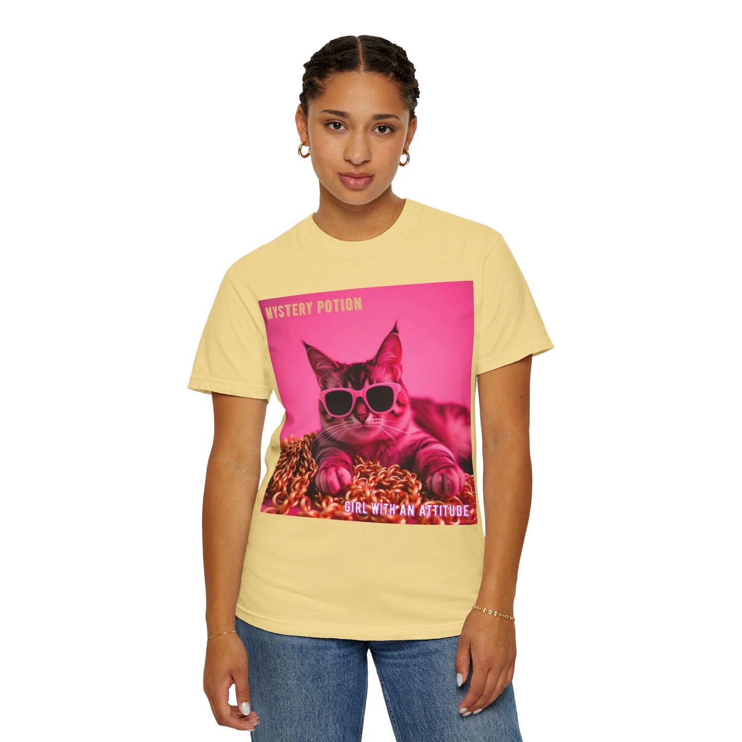 'Girl With An Attitude' by Mystery Potion, Cool Cat T-shirt, Fun Cat Tee, Gift for Cat Lovers, Casual Wear, Unique Fashion Statement, Attitude T-shirt