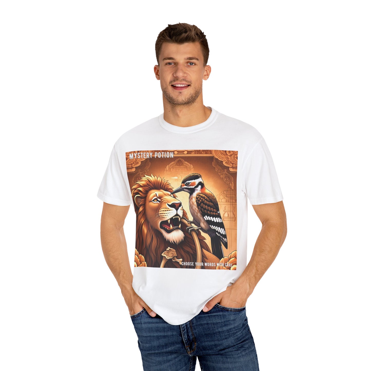 Mystical Lion & Bird T-Shirt | Unique Graphic Tee, Unisex Apparel, Gift for Nature Lovers, Bohemian Style, Festival Wear