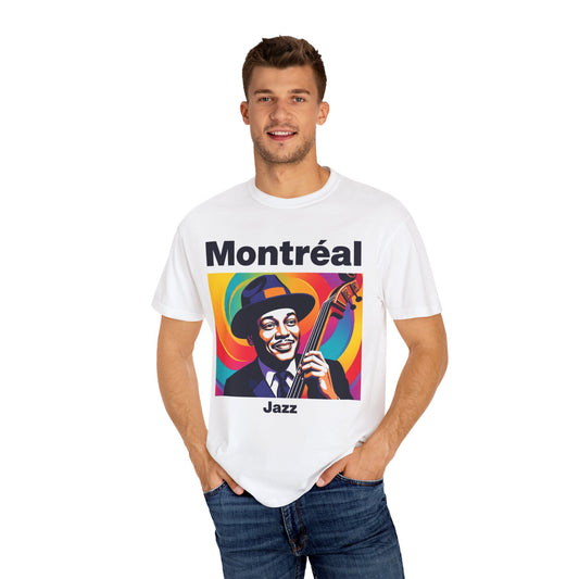 Vibrant Jazz T-Shirt with Montréal Design | Unisex Garment-Dyed Tee for Music Lovers, Concerts, Festivals, Gift Idea, Casual Wear