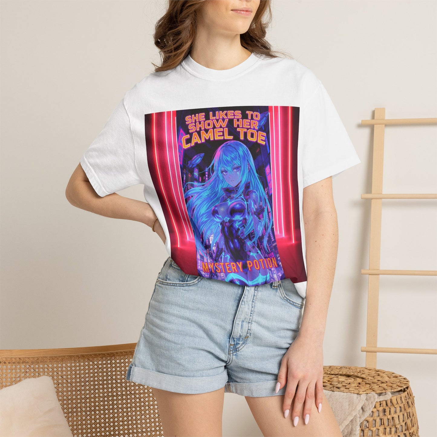 Anime Neon Tee — "She Likes to Show Her Camel Toe" Graphic T-Shirt