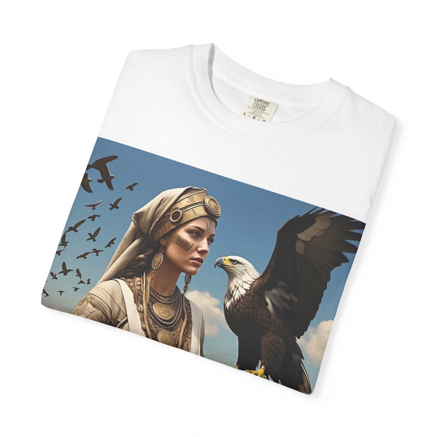 Empowered Eagle and Scythian Woman T-Shirt, Unisex Garment-Dyed Tee, Nature Lover Shirt, Gift for Bird Enthusiasts, Unique Graphic Tee