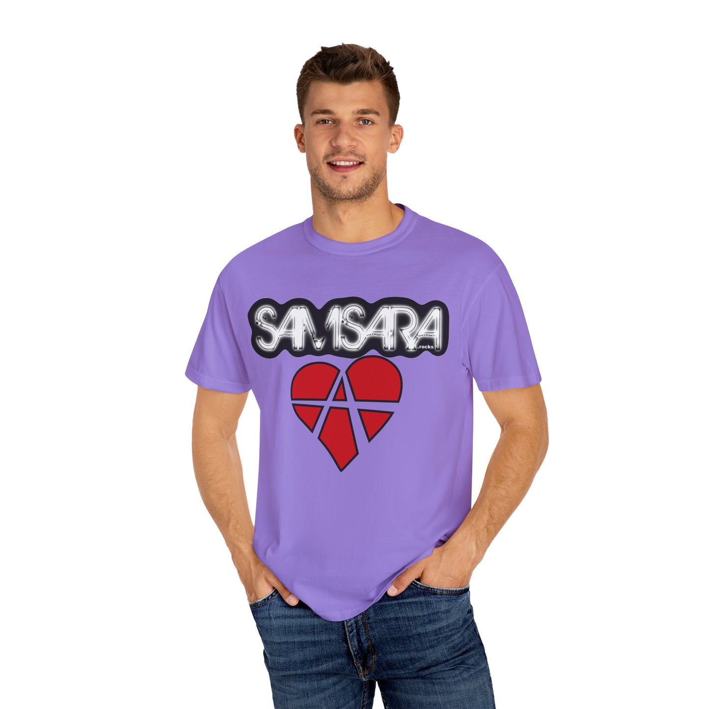 'Samsara Rocks' Logo, Love and Anarchy Graphic Tee | Unisex Garment-Dyed T-Shirt, Casual Fashion, Heart Design, Streetwear, Gift for Him/Her
