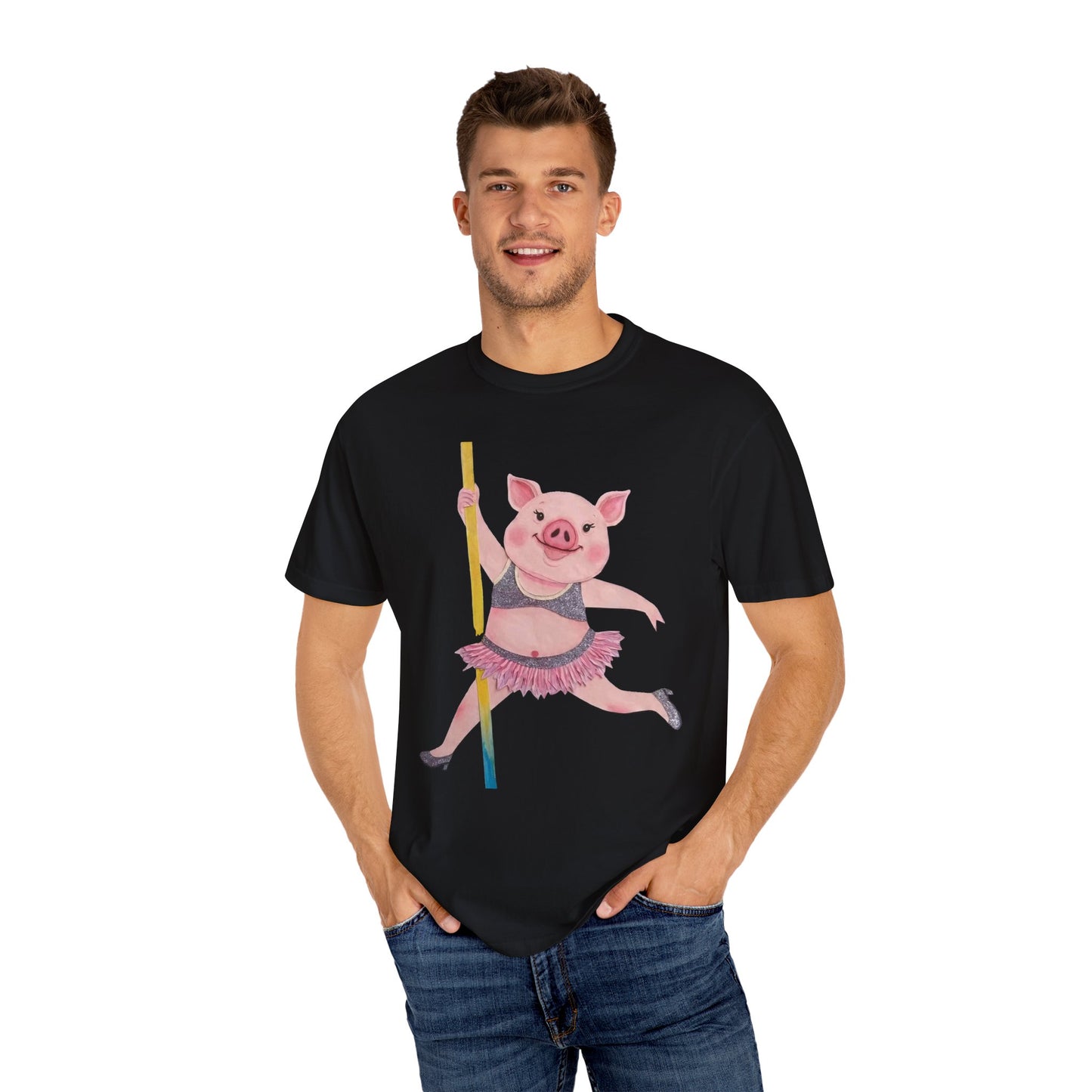 'Playful Pig' T-Shirt, Fun Graphic Tee, Animal Lover Gift, Unique Apparel, Funny T-Shirt, Cute Pig Shirt, Pole-Dancers and Pole Dancing Pig.