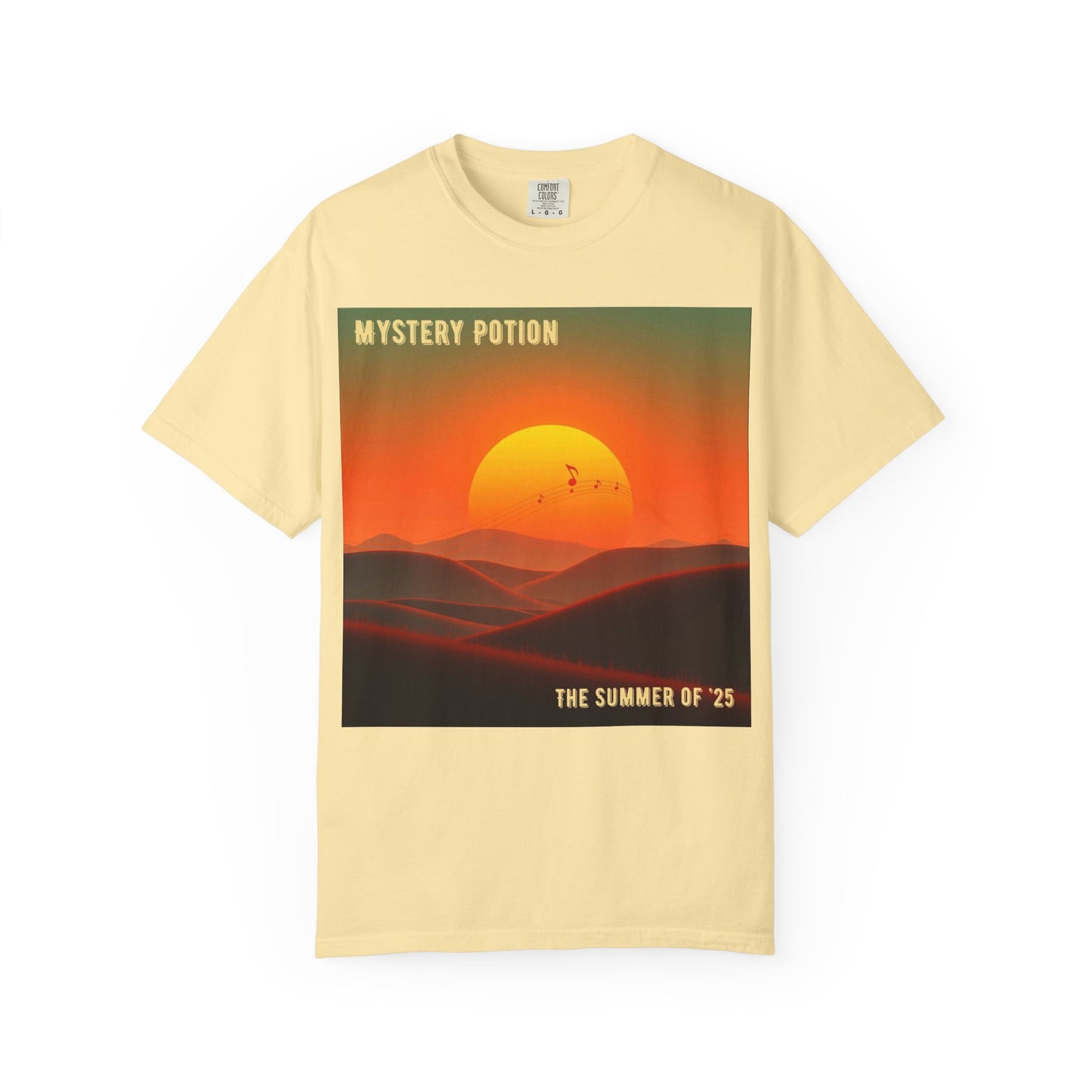 'The Summer of '25'  by Mystery Potion, Mystical Sunset T-Shirt - Unisex Garment-Dyed Tee, Retro Vibe, Bohemian Style, Summer Essential Swag