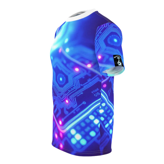 'Genesis' by Mystery Potion Vibrant Tech-Inspired Unisex Tee, AOP Graphic T-Shirt, Unique Cyberpunk Shirt, Trendy Gamer Apparel, Digital Art Fashion Shirt