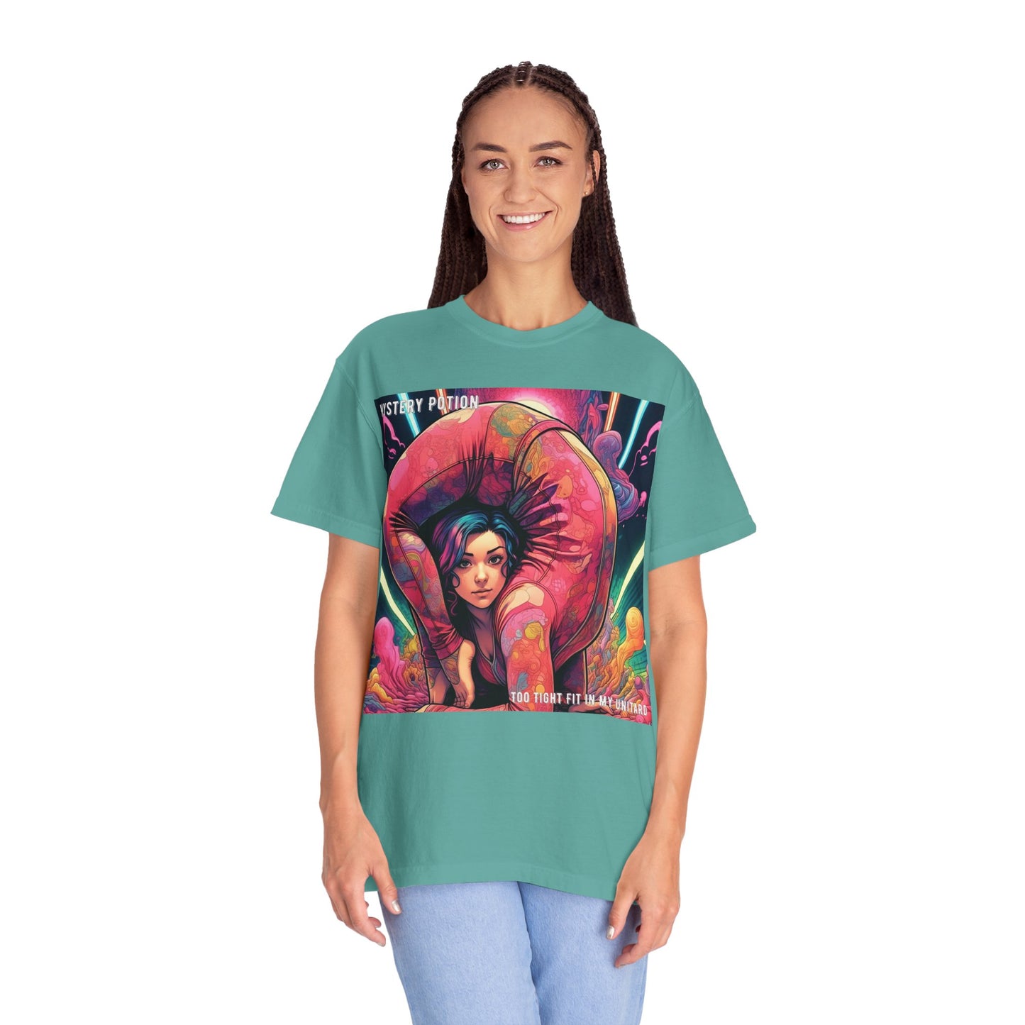 Mystery Potion Extreme Yoga Pose Unisex Garment-Dyed T-shirt, Artistic Tee, Vibrant Graphic Shirt, Unique Gift, Festival Wear, Comfortable Casual Top