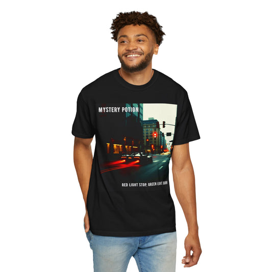 'Red Light Stop, Green Light Burn' by Mystery Potion Urban Vibe T-Shirt, Street Art T-Shirt, Fashion Tee, Gift for Art Lovers, Unisex Cotton Shirt, Unique Graphic Tee
