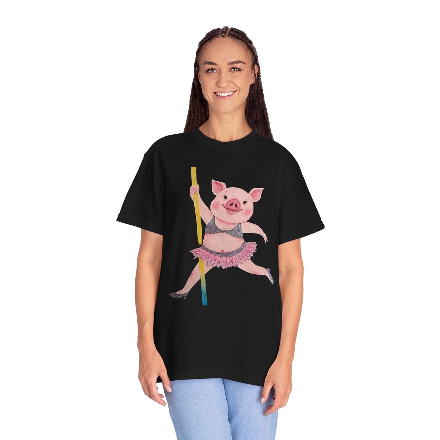 'Playful Pig' T-Shirt, Fun Graphic Tee, Animal Lover Gift, Unique Apparel, Funny T-Shirt, Cute Pig Shirt, Pole-Dancers and Pole Dancing Pig.