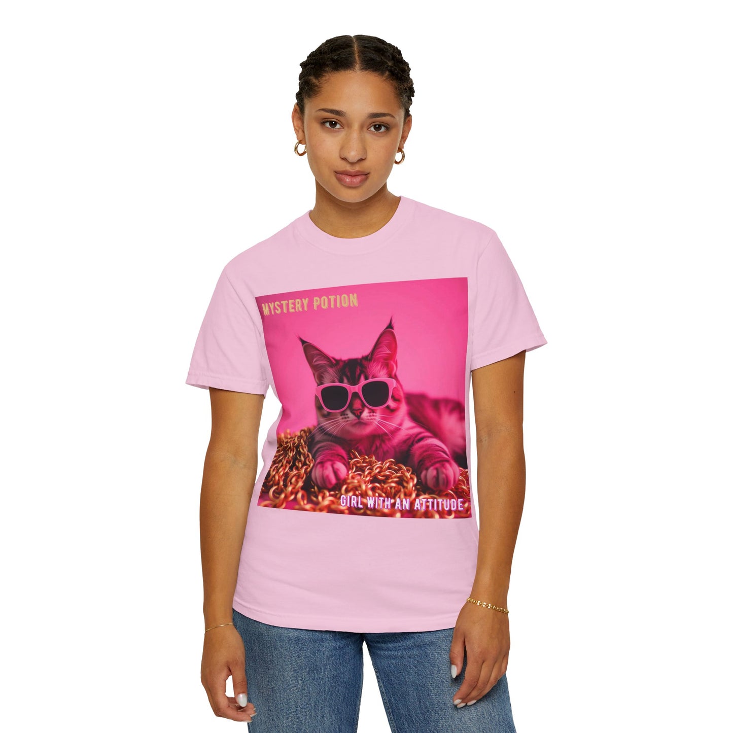 'Girl With An Attitude' by Mystery Potion, Cool Cat T-shirt, Fun Cat Tee, Gift for Cat Lovers, Casual Wear, Unique Fashion Statement, Attitude T-shirt