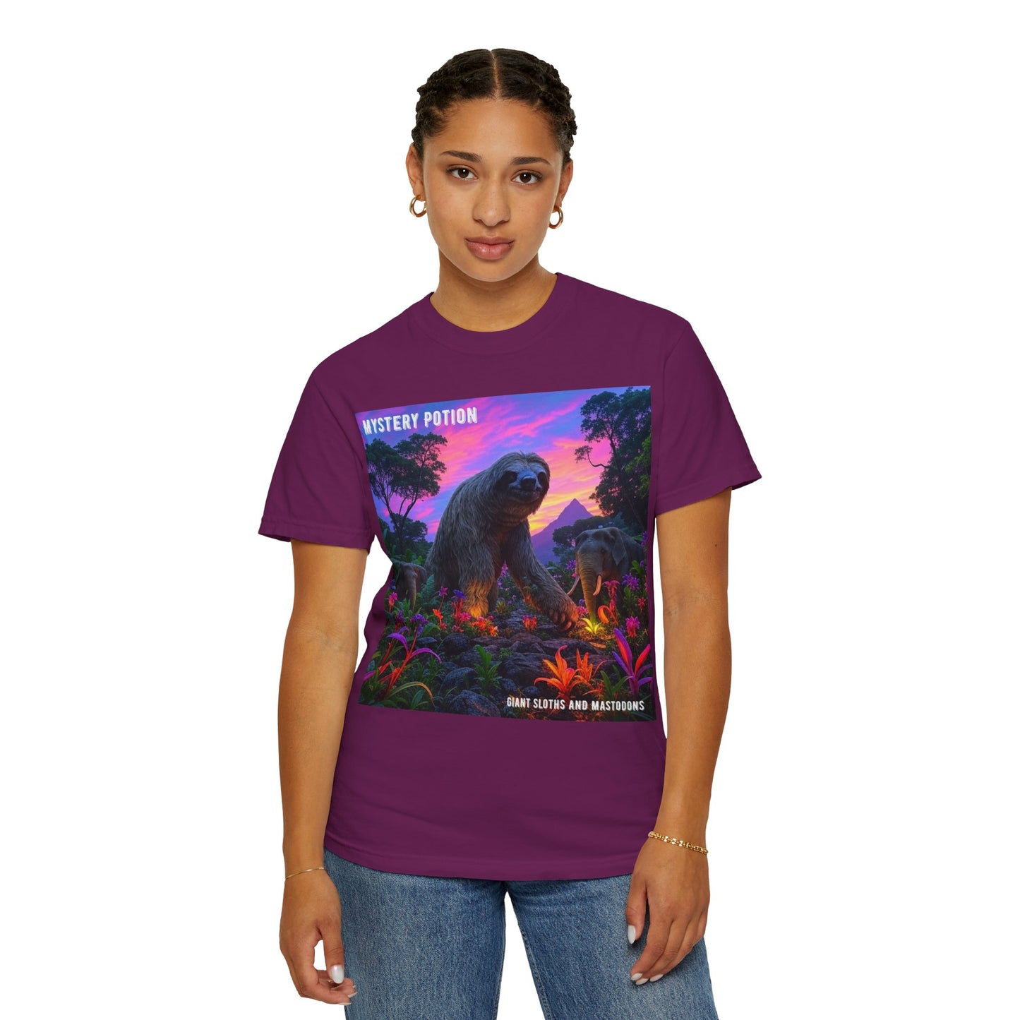 Mystery Potion's Giant Sloths and Mastodons Graphic T-Shirt | Unisex Garment-Dyed Tee for Nature Lovers, Unique Gift, Festival Wear, Prehistoric Design