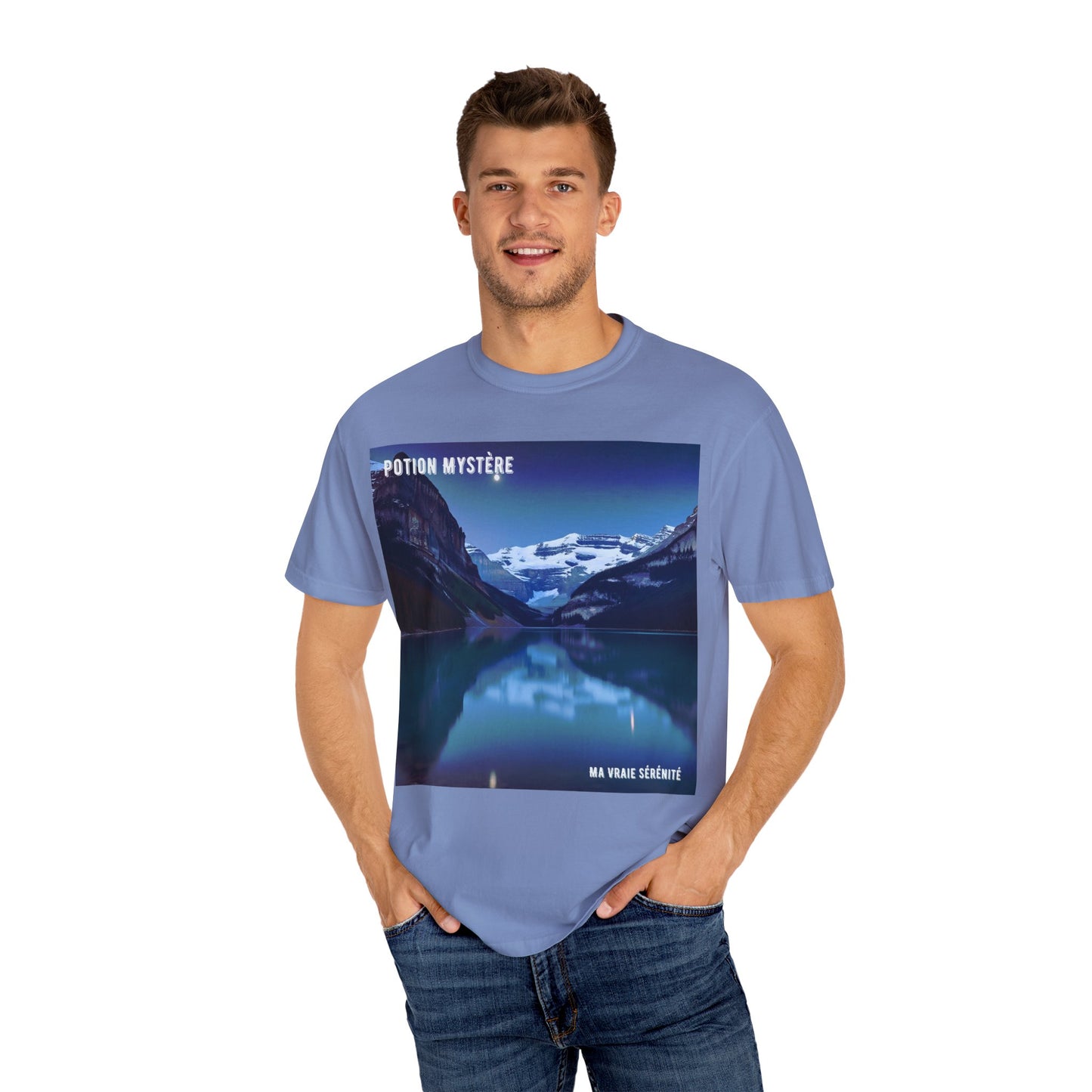 Mystical Lake Louise T-Shirt, Unisex Garment-Dyed Tee, Nature Lover Gift, Serenity in Adventure Apparel, Travel Fashion, Cool Summer Shirt