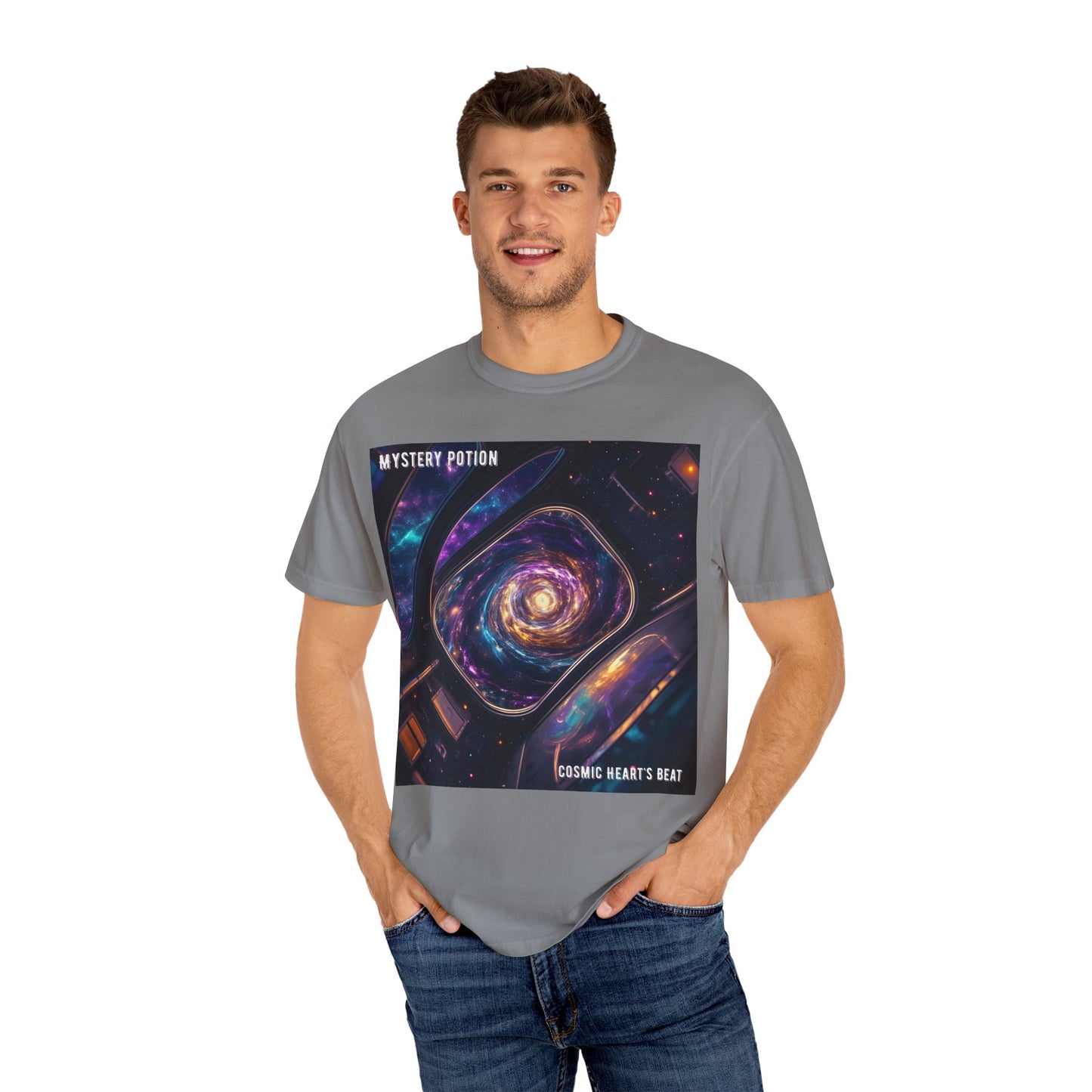 Cosmic Themed Mystery Potion Unisex Garment-Dyed T-shirt, Mystical Tee, Galaxy Shirt, Space Art Apparel, Unique Gift for Event Horizon Stargazers