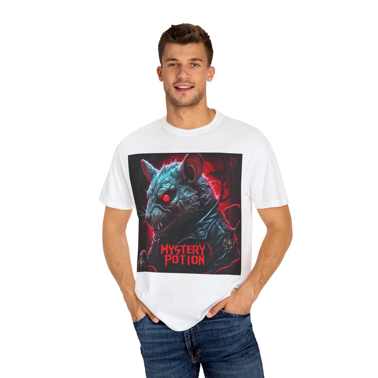 'Mystery Potion' Punk Rock Rat in Leather Jacket T-shirt, Rocker Tee, Original Logo