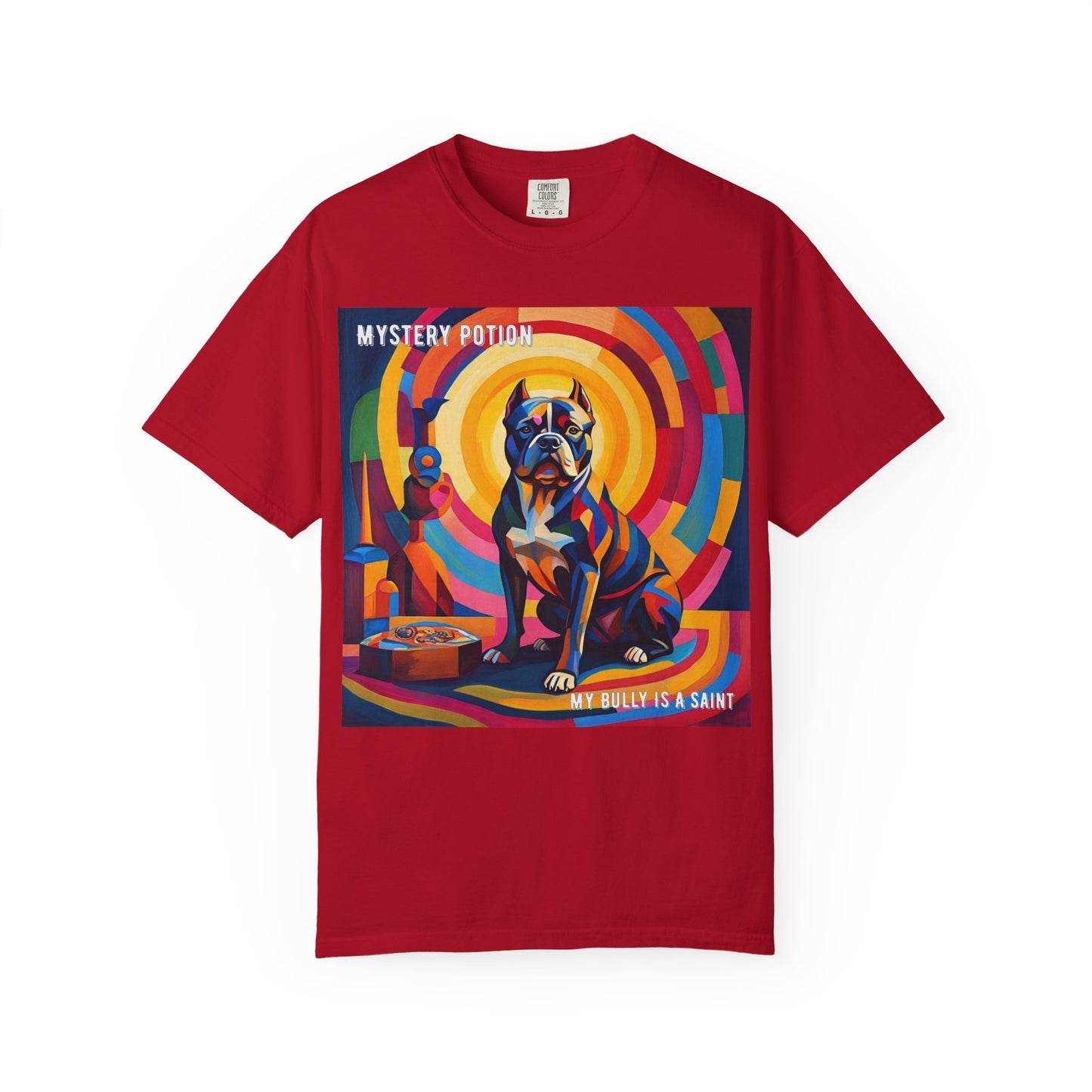 'My Bully Is A Saint' by Mystery Potion Colorful Dog Art T-shirt, Unisex Graphic Tee by Mystery Potion, Perfect for Pet Lovers, Comfy Casual Wear, Great Gift for Dog Lovers