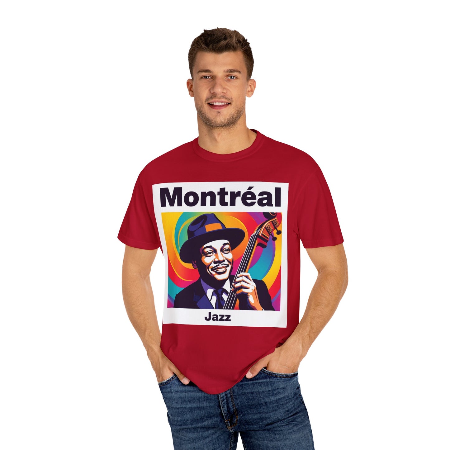 Vibrant Jazz T-Shirt with Montréal Design | Unisex Garment-Dyed Tee for Music Lovers, Concerts, Festivals, Gift Idea, Casual Wear
