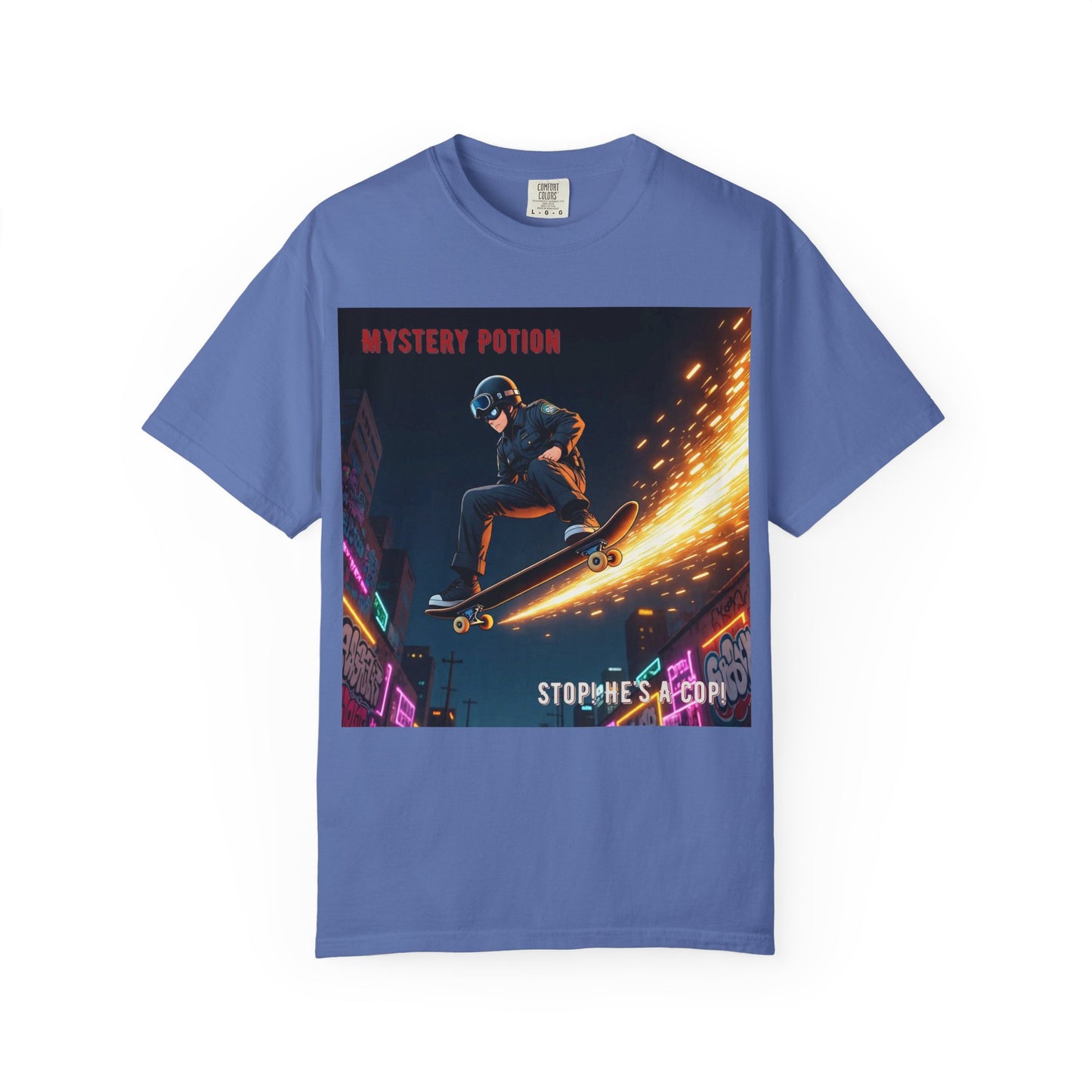 'Stop! He's A Cop!' by Mystery Potion, Skateboard Hardcore Punk T-shirt, Cozy Graphic Tee, Perfect Gift for Skaters, Unisex Streetwear Shirt, Trendy Casual Wear