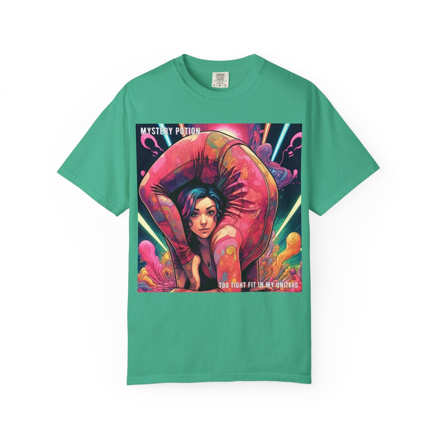 Mystery Potion Extreme Yoga Pose Unisex Garment-Dyed T-shirt, Artistic Tee, Vibrant Graphic Shirt, Unique Gift, Festival Wear, Comfortable Casual Top