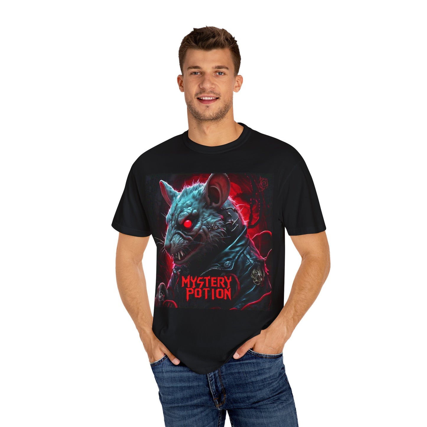 'Mystery Potion' Punk Rock Rat in Leather Jacket T-shirt, Rocker Tee, Original Logo
