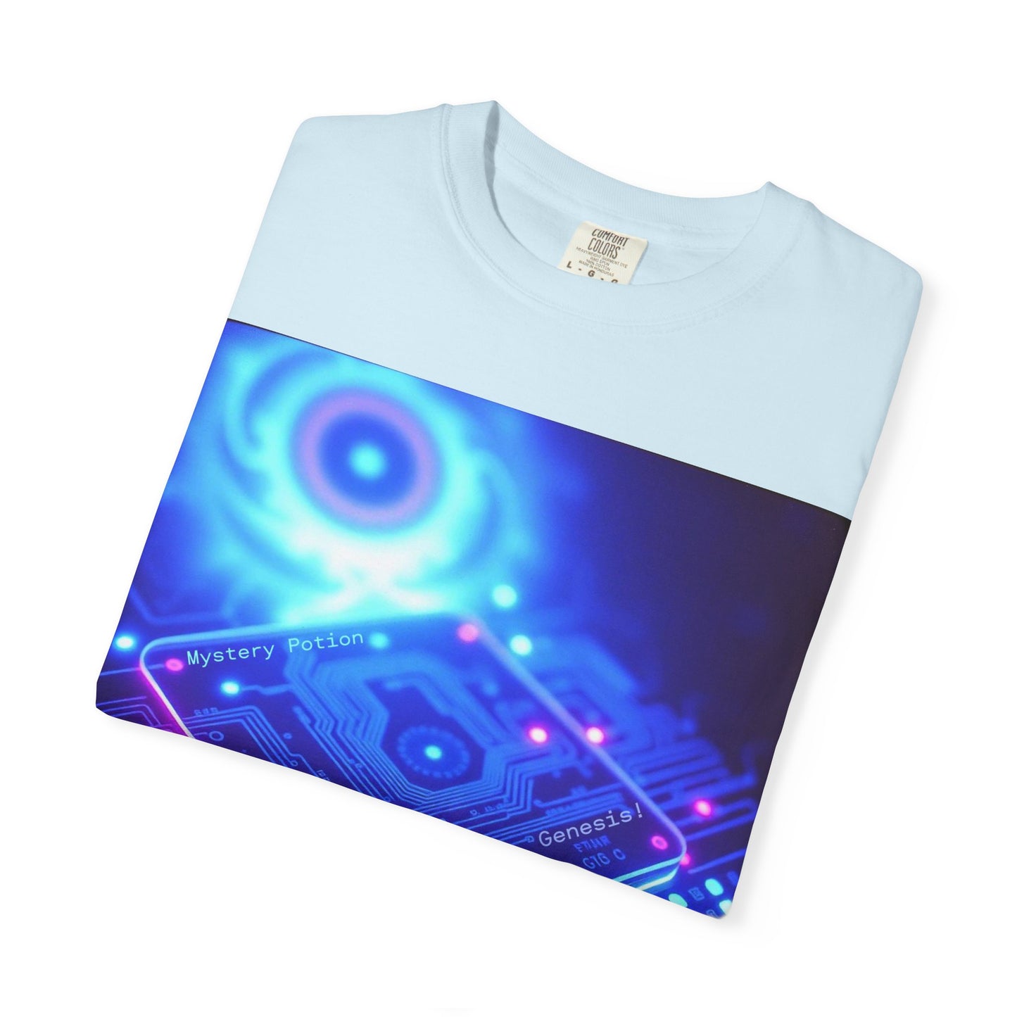 Genesis by Mystery Potion, Tech-Inspired Unisex Garment-Dyed T-Shirt, Unique Gift for Tech Lovers, Festival Wear, Casual Style, Gamer Apparel, Cyberpunk Vibe