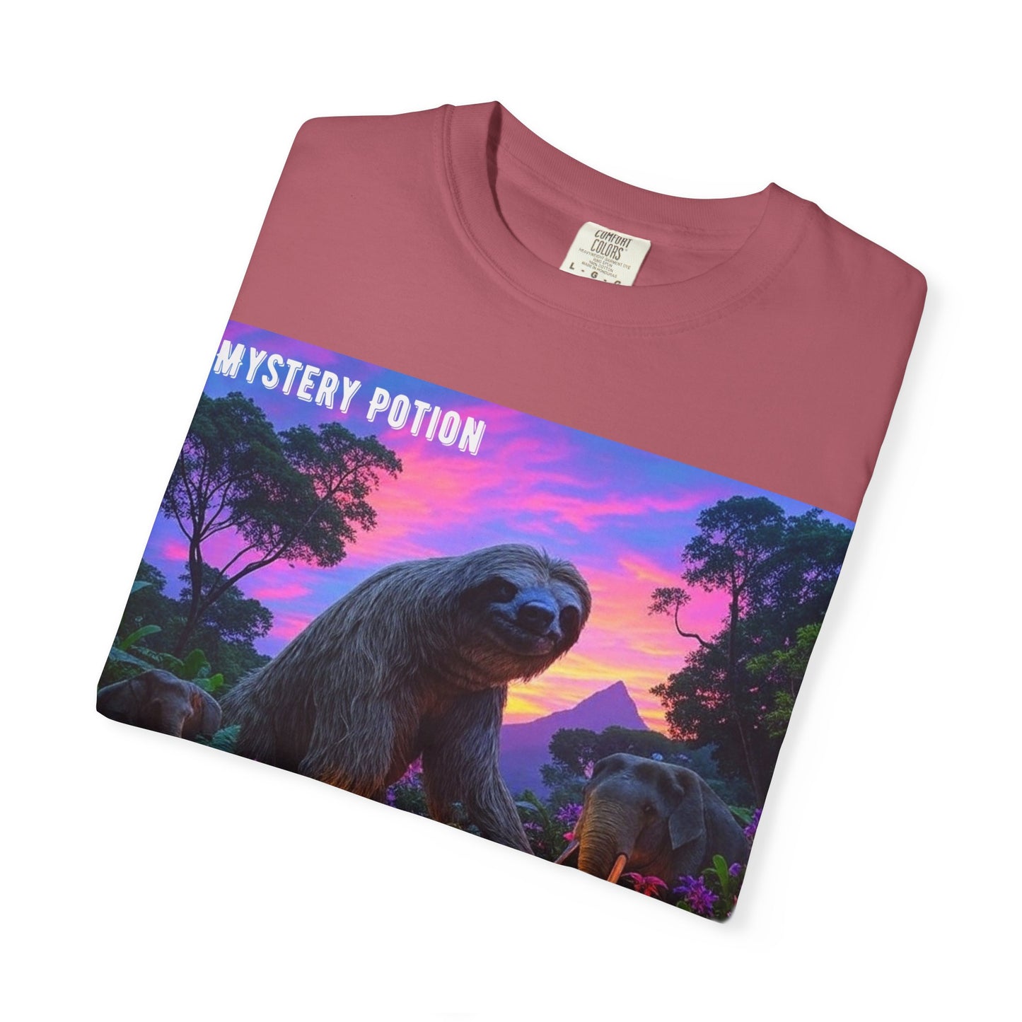 Mystery Potion's Giant Sloths and Mastodons Graphic T-Shirt | Unisex Garment-Dyed Tee for Nature Lovers, Unique Gift, Festival Wear, Prehistoric Design